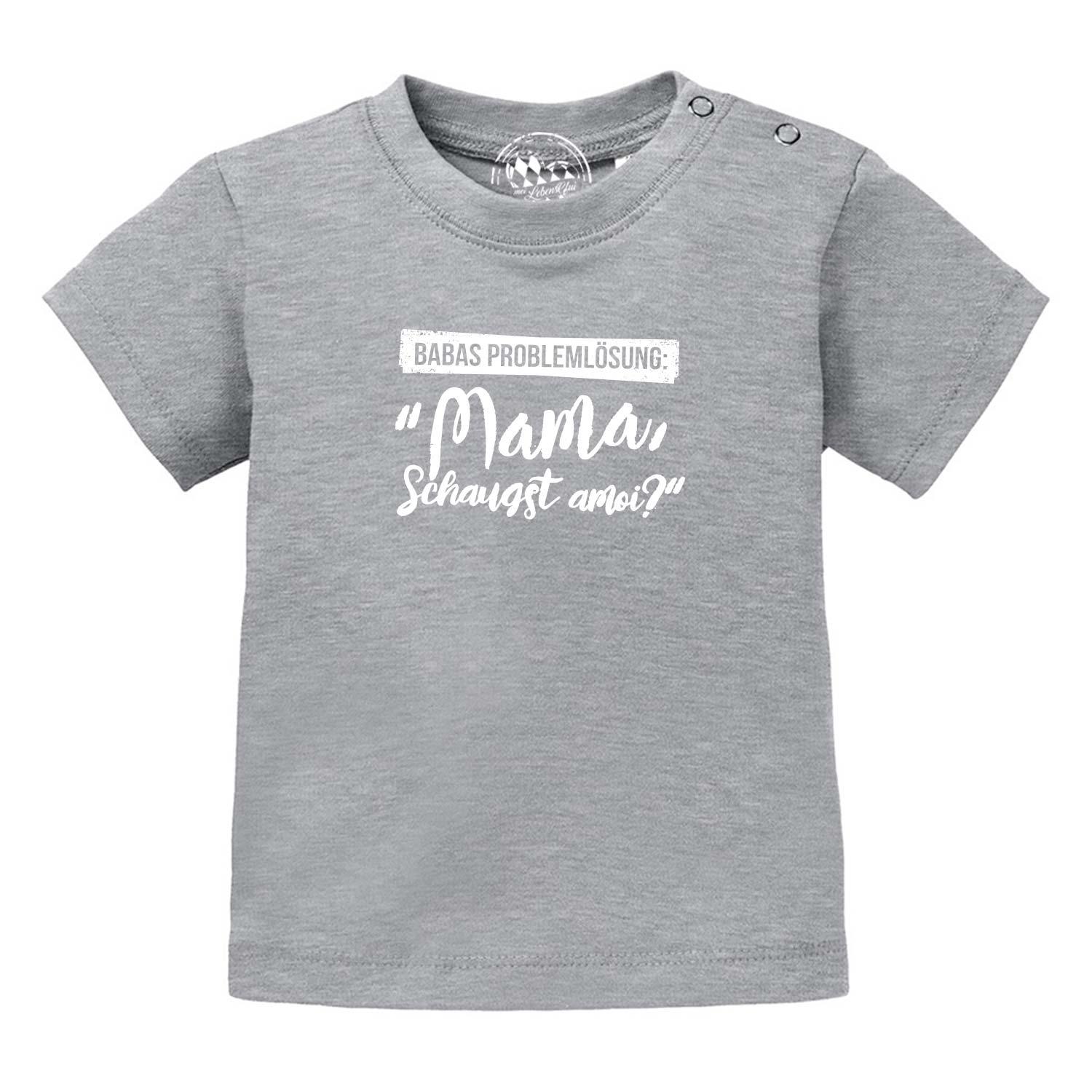 Weißes Baby-T-Shirt mit schwarzem Aufdruck "Papas Problemlösung" und Zeichnung, aus 100 % Bio-Baumwolle.