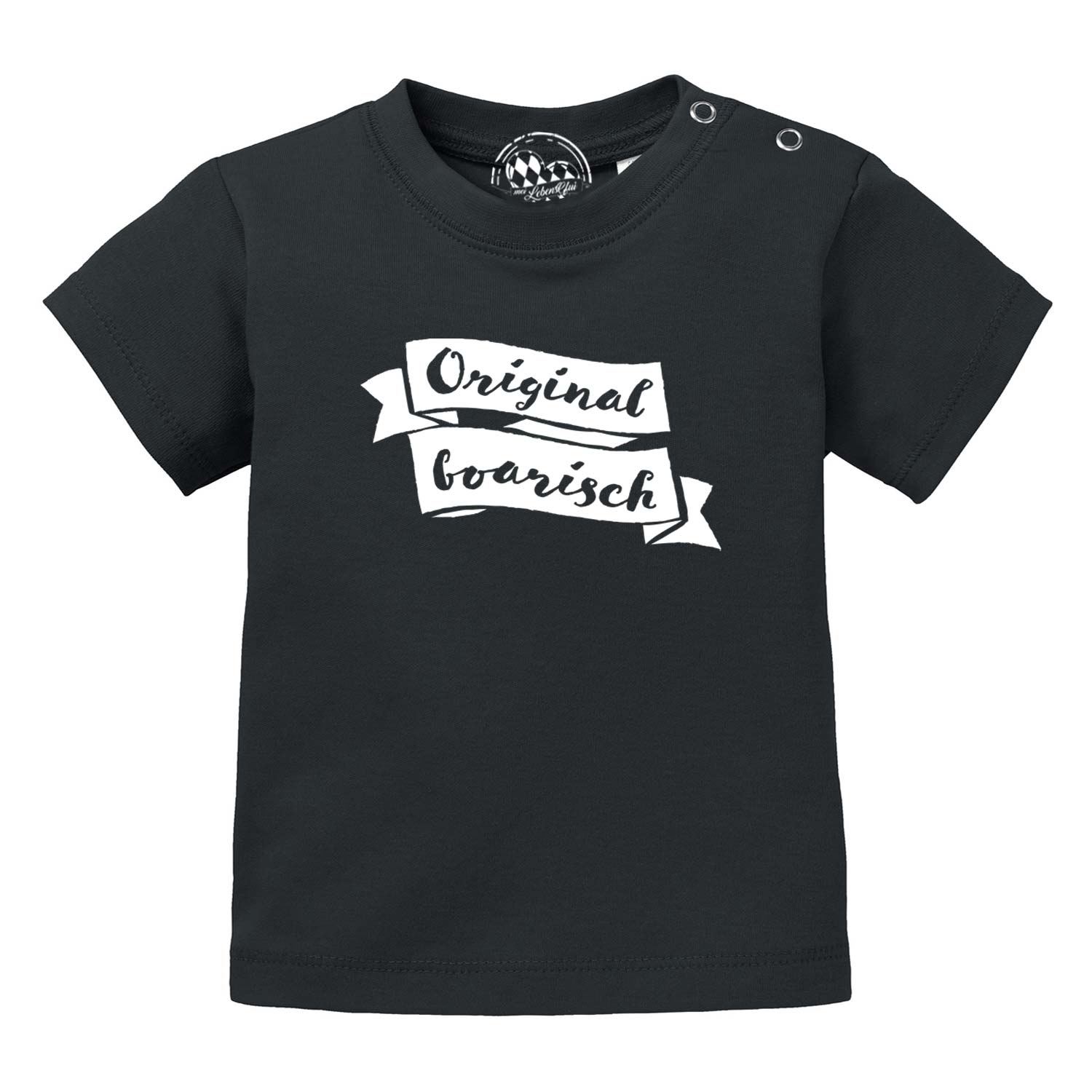 Schwarzes Baby T-Shirt mit weißem Original boarisch Schriftzug und Druckknöpfen an der Schulter.