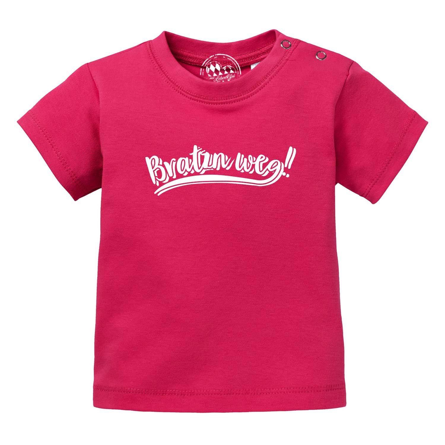 Baby-T-Shirt mit kurzärmeligem Schnitt und sichtbarem Schriftzug „Bratzn weg“ in Siebdruck, aus Bio-Baumwolle.