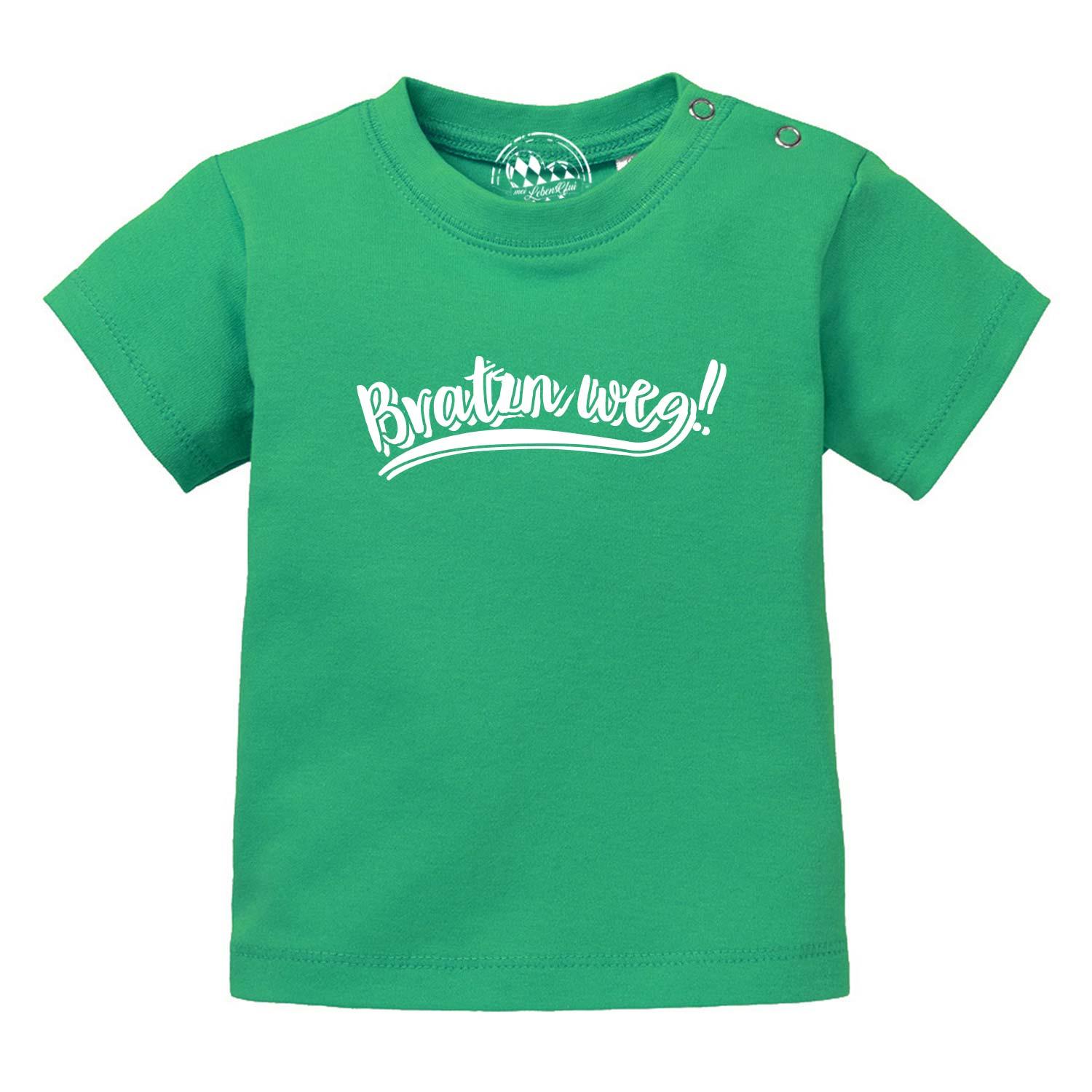 Baby-T-Shirt mit kurzen Ärmeln und Frontprint „Bratzn weg“, aus 100 % Bio-Baumwolle, Siebdruck.