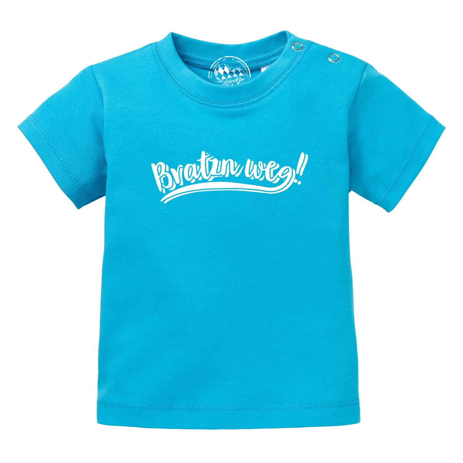 Baby-T-Shirt mit großem "Bratzn weg"-Schriftzug auf der Vorderseite, aus 100 % Bio-Baumwolle, hochwertiger Siebdruck.