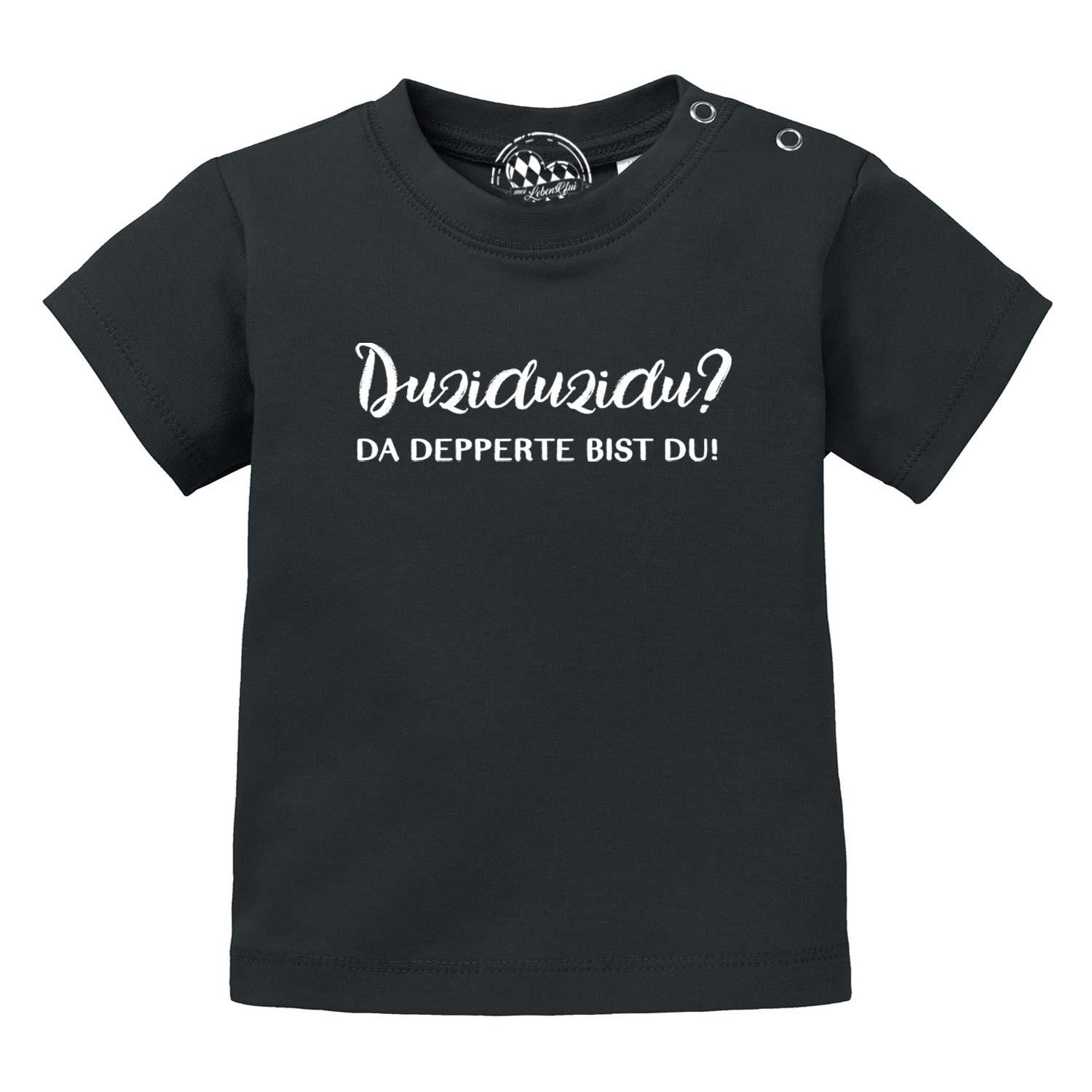Hellblaues Baby-T-Shirt aus Bio-Baumwolle mit weißem Aufdruck „Duziduzidu…®“, Rundhalsausschnitt, kurzer Arm.