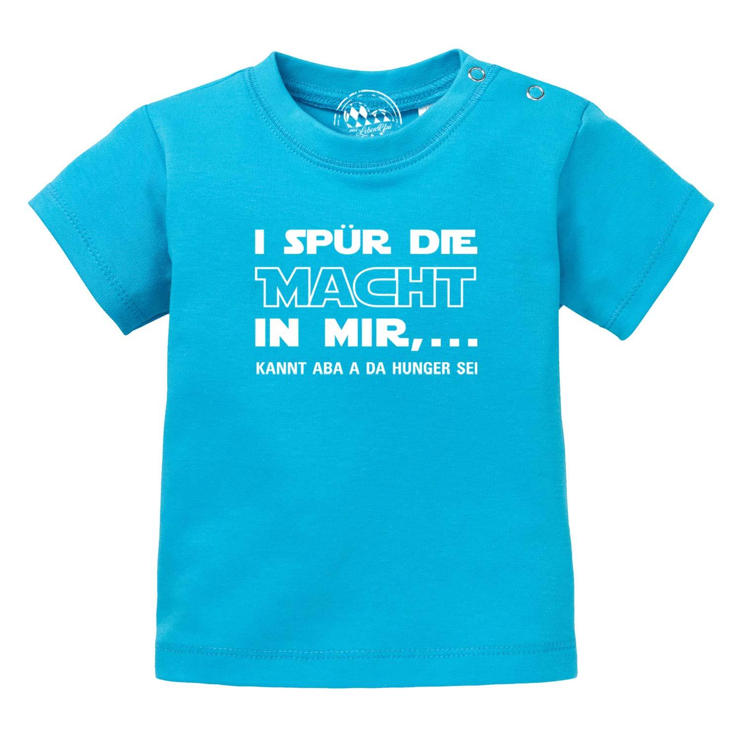 Graues Baby-T-Shirt mit Frontprint „I spür die Macht…“, Rundhalsausschnitt, 100 % Bio-Baumwolle, Siebdruck.