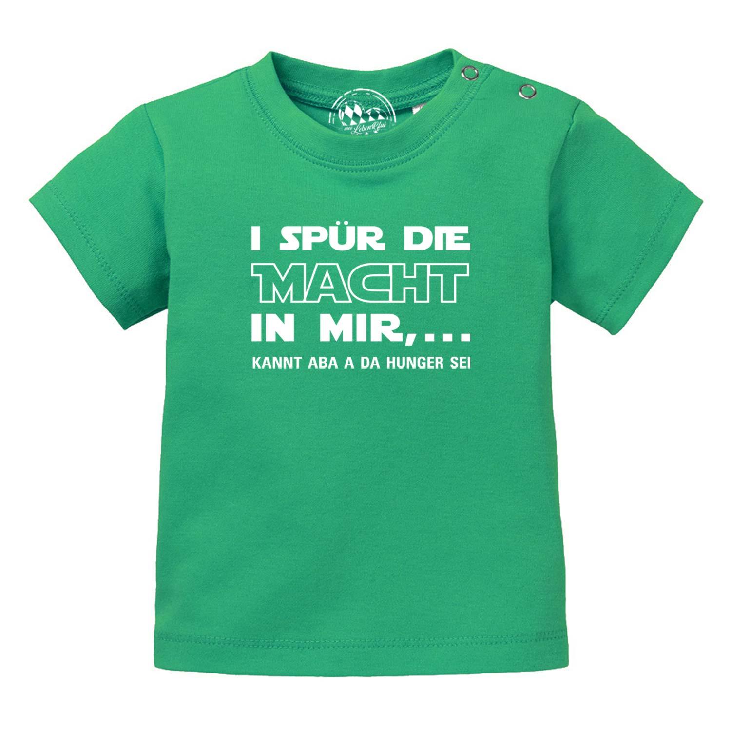 Hellblaues Baby-T-Shirt mit weißem Schriftzug „I spür die Macht…“, kurzer Ärmel, Bio-Baumwolle, Siebdruck.