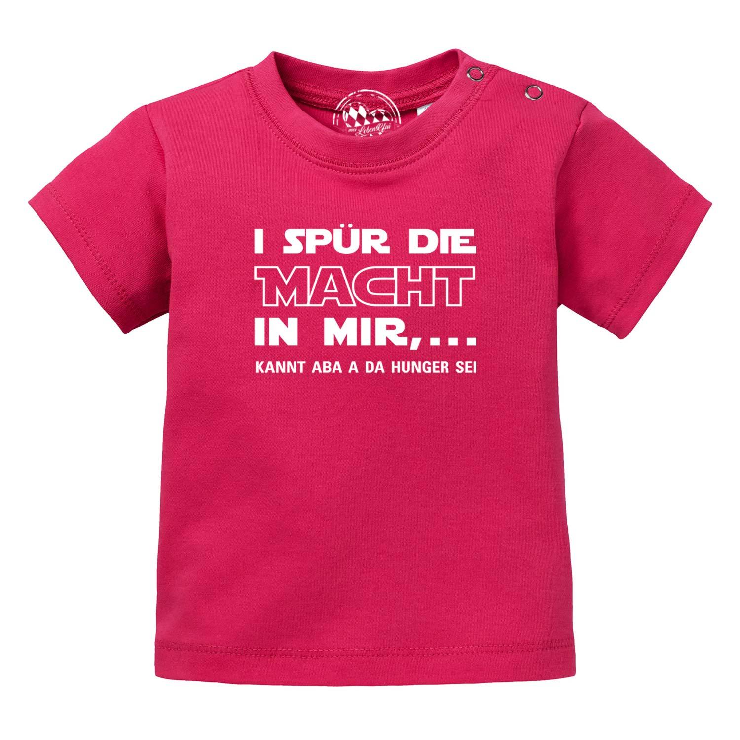 Hellgraues Baby T-Shirt mit schwarzem Schriftzug „I spür die Macht…“, Rundhalsausschnitt, 100 % Bio-Baumwolle.
