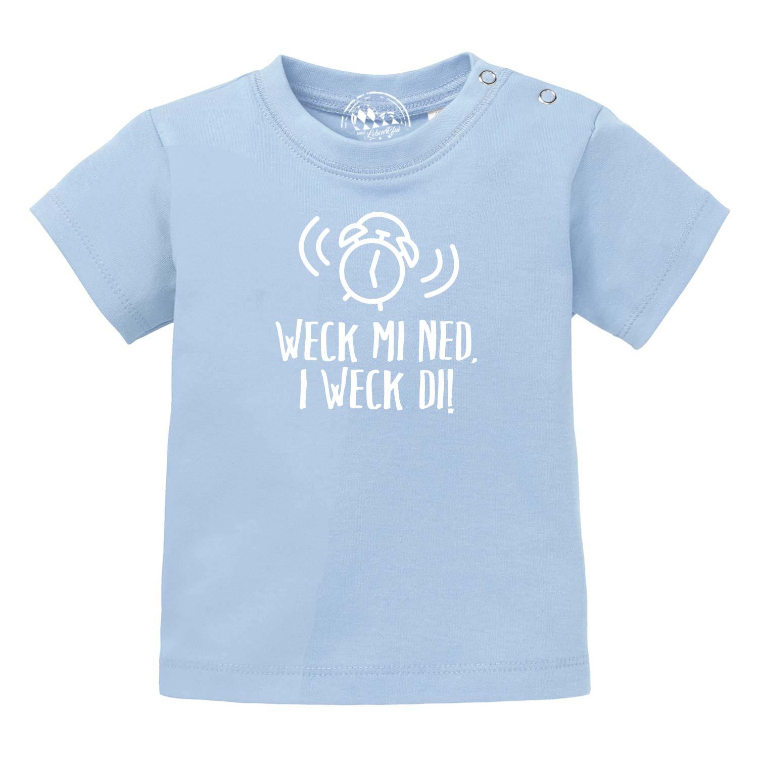 Baby-T-Shirt mit Frontprint „I weck di!“, Kurzarm, Rundhalsausschnitt, Siebdruck, 100 % Bio-Baumwolle.
