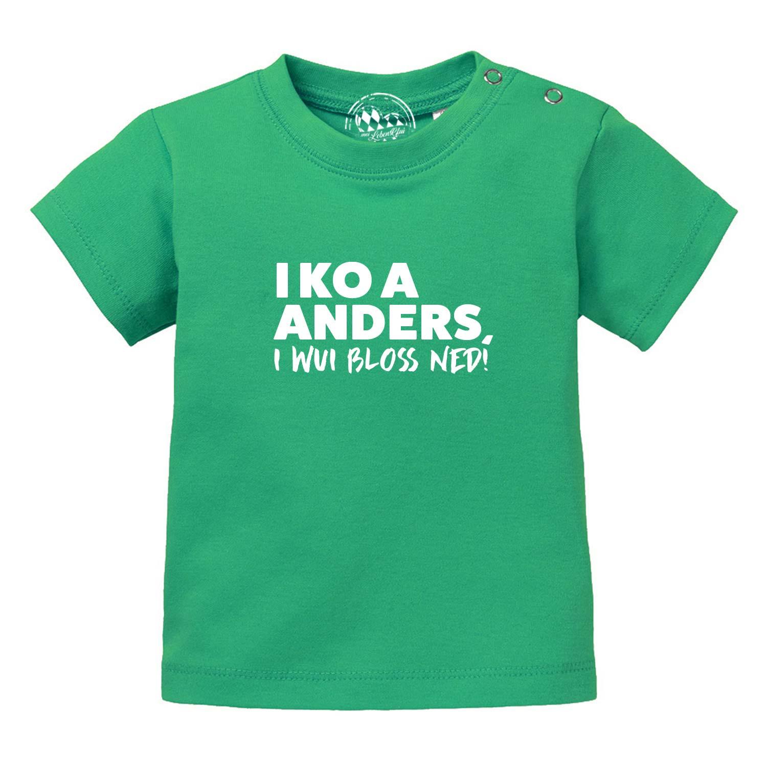 Hellblaues Baby-T-Shirt mit weißem Frontdruck "I wui bloß ned", Rundhalsausschnitt, 100 % Bio-Baumwolle.
