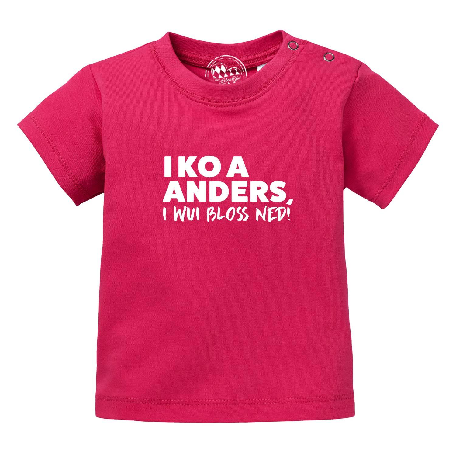 Weißes Baby-T-Shirt mit rotem Schriftzug „I wui bloß ned“, Rundhalsausschnitt, aus 100 % Bio-Baumwolle.
