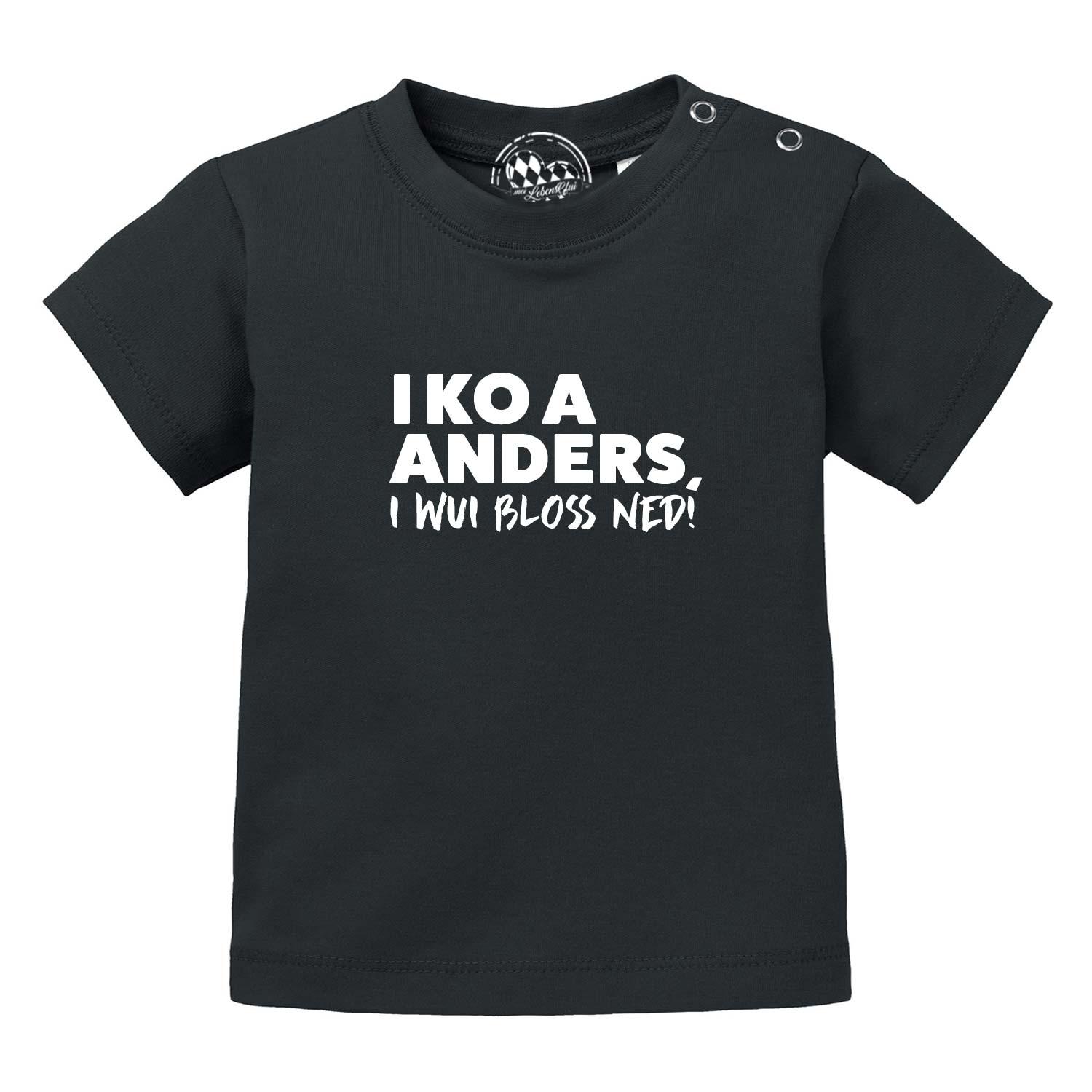 Weißes Baby-T-Shirt mit schwarzem Aufdruck „I wui bloß ned“, Rundhalsausschnitt, 100 % Bio-Baumwolle.