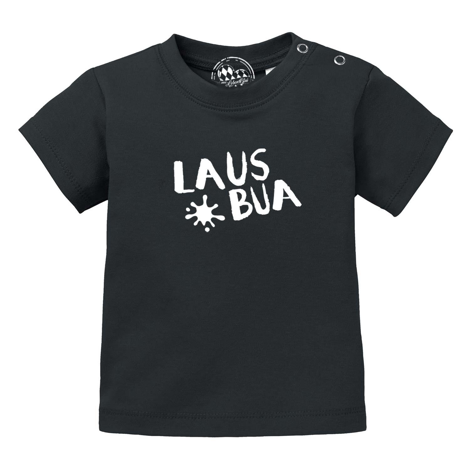 Hellblaues Baby-T-Shirt mit weißem „Lausbua“-Schriftzug, Rundhalsausschnitt, aus 100 % Bio-Baumwolle.