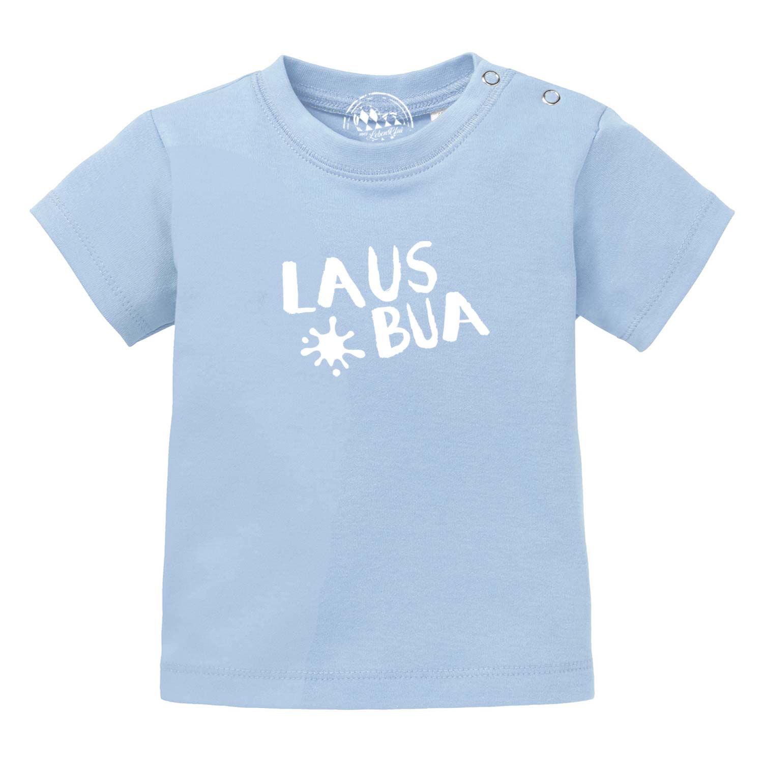 Himmelblaues Baby T-Shirt mit weißem LAUS BUA Schriftzug und Druckknöpfen an der Schulter.
