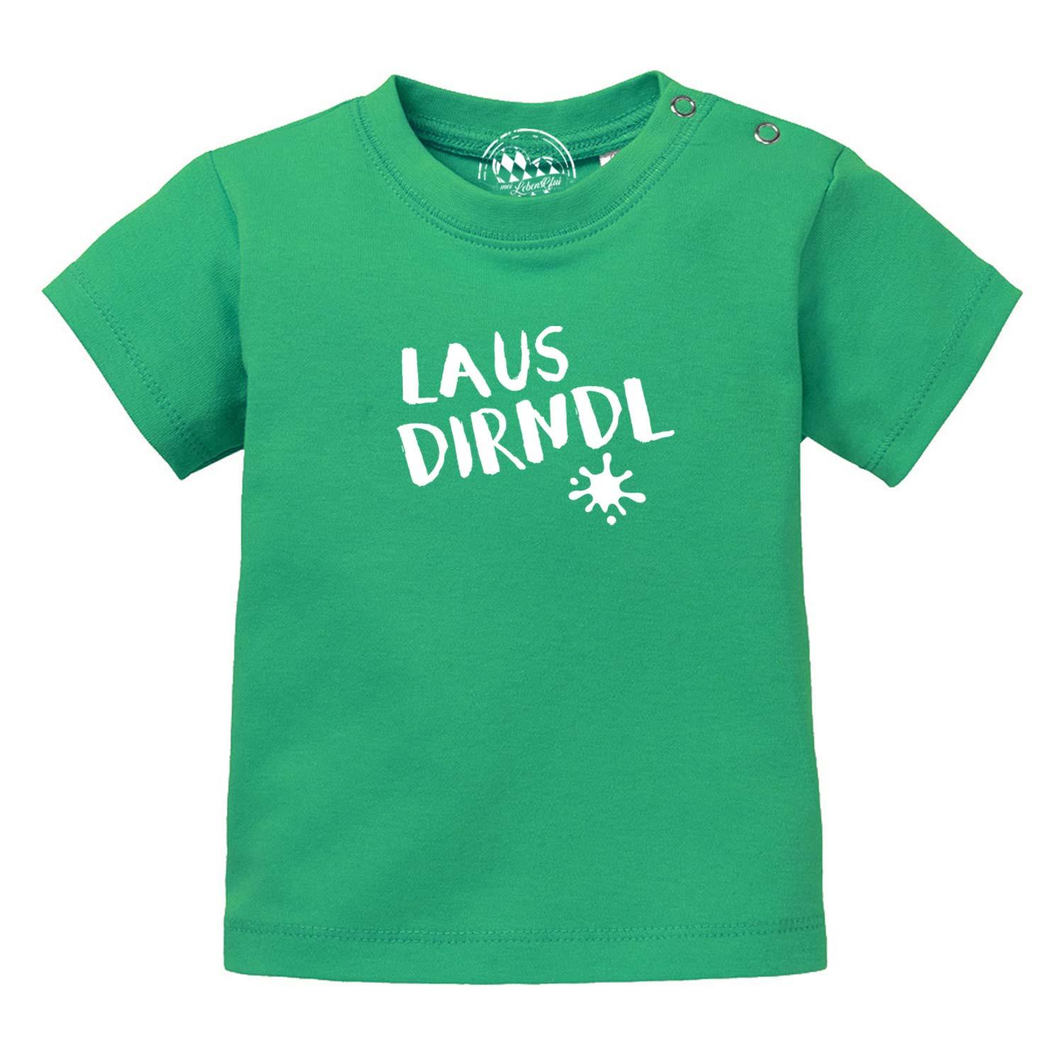 Hellrosa Baby-T-Shirt mit dunkelrotem Schriftzug „Lausdirndl“, Rundhalsausschnitt, aus 100 % Bio-Baumwolle.