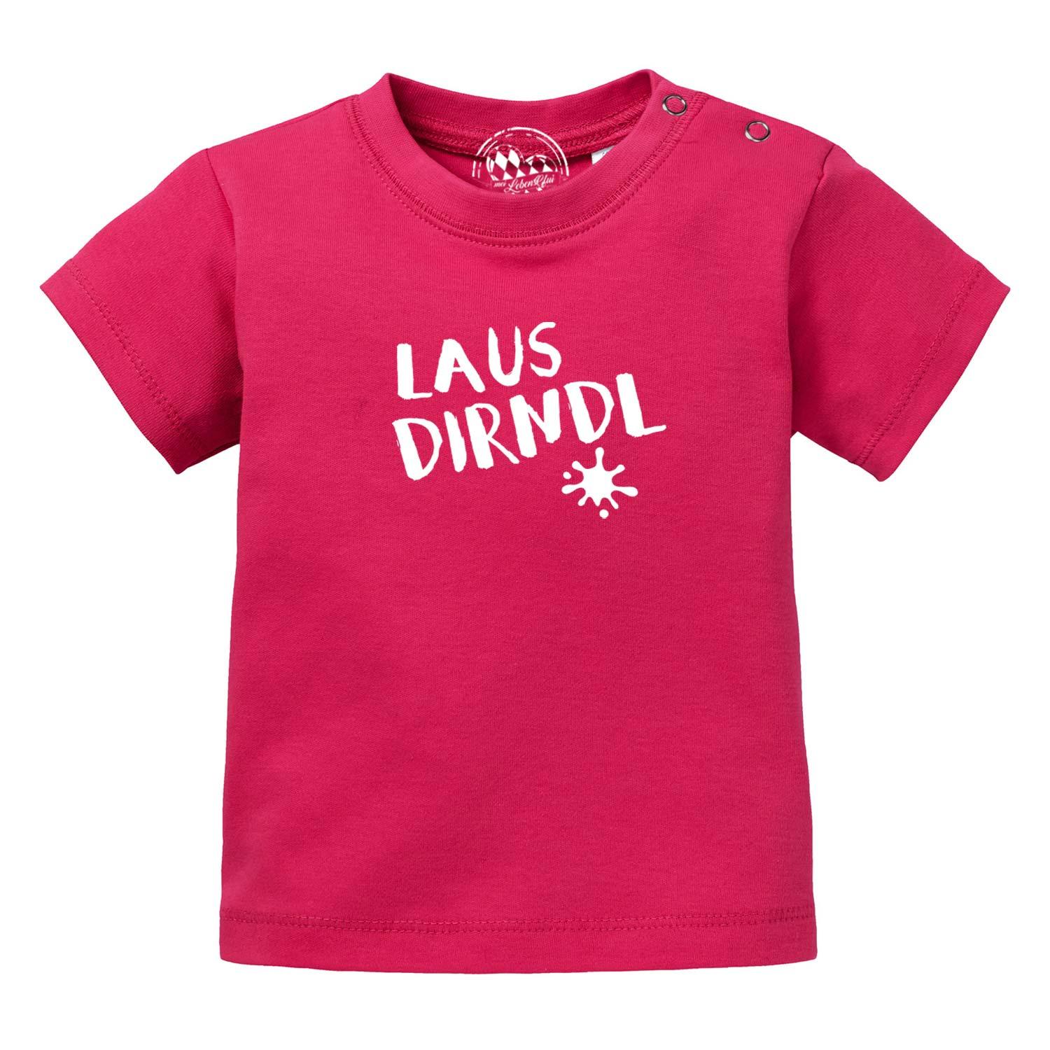 Kurzärmeliges Baby-T-Shirt in Weiß mit rosafarbenem „Lausdirndl“-Schriftzug, Herzmotiv, Bio-Baumwolle.
