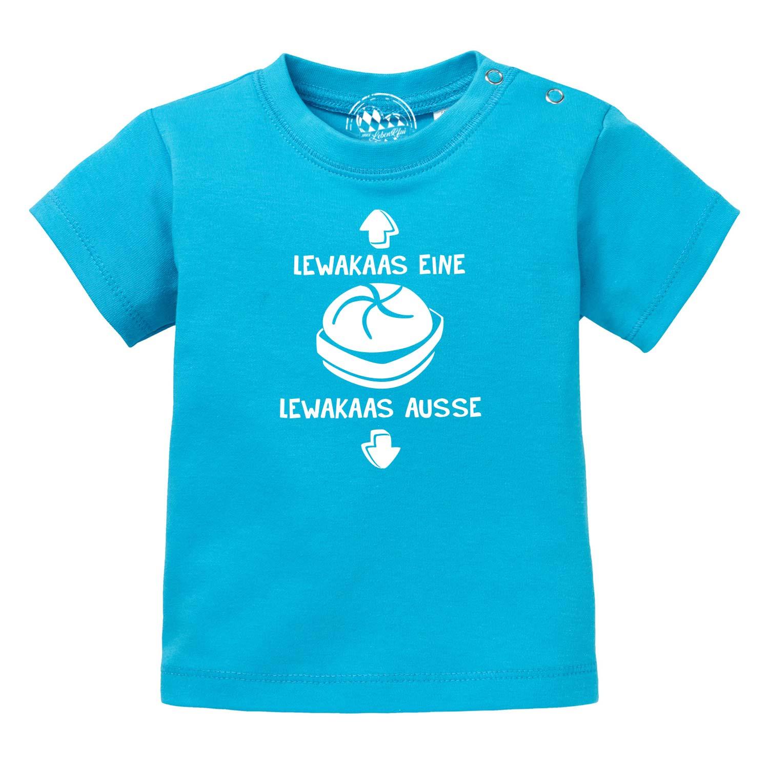 Baby-T-Shirt mit mittigem Schriftzug „Lewakaas“, Rundhalsausschnitt, Siebdruck auf Bio-Baumwolle.