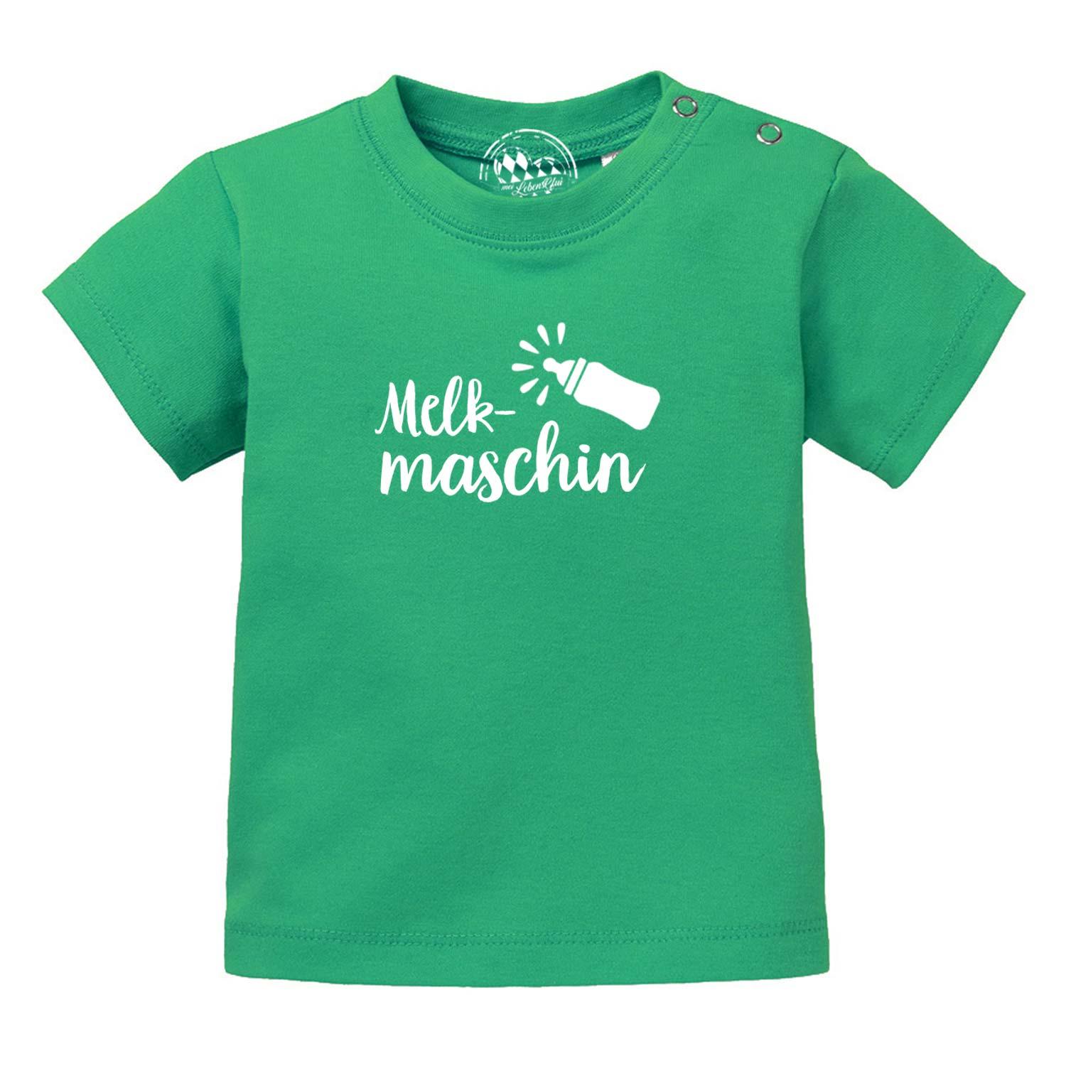 Baby T-Shirt mit aufgedrucktem „Melkmaschin“-Schriftzug auf der Brust, aus 100 % Bio-Baumwolle, Siebdruck.