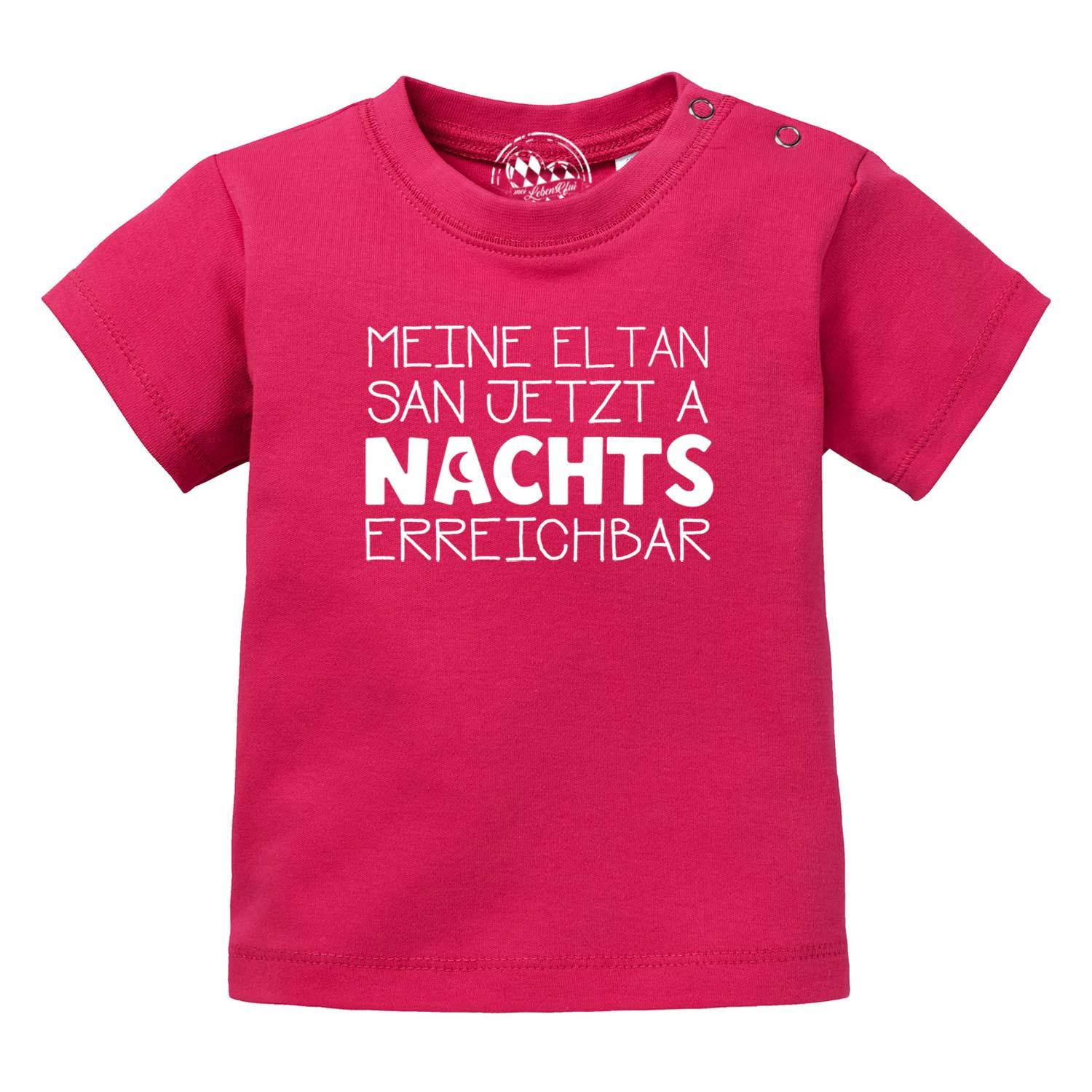 Weißes Baby-T-Shirt mit schwarzem Schriftzug „Nachts erreichbar!“, Rundhalsausschnitt, Bio-Baumwolle, Siebdruck.