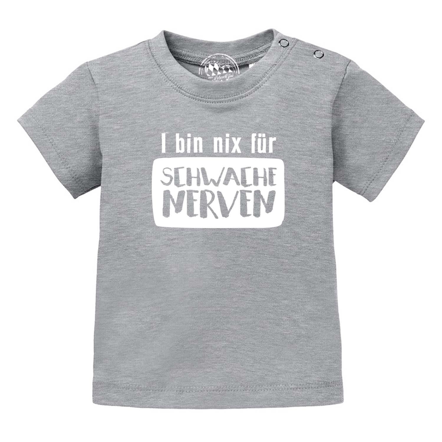 Graues Baby T-Shirt "nix für schwache Nerven" mit weißem Spruch und praktischen Druckknöpfen.