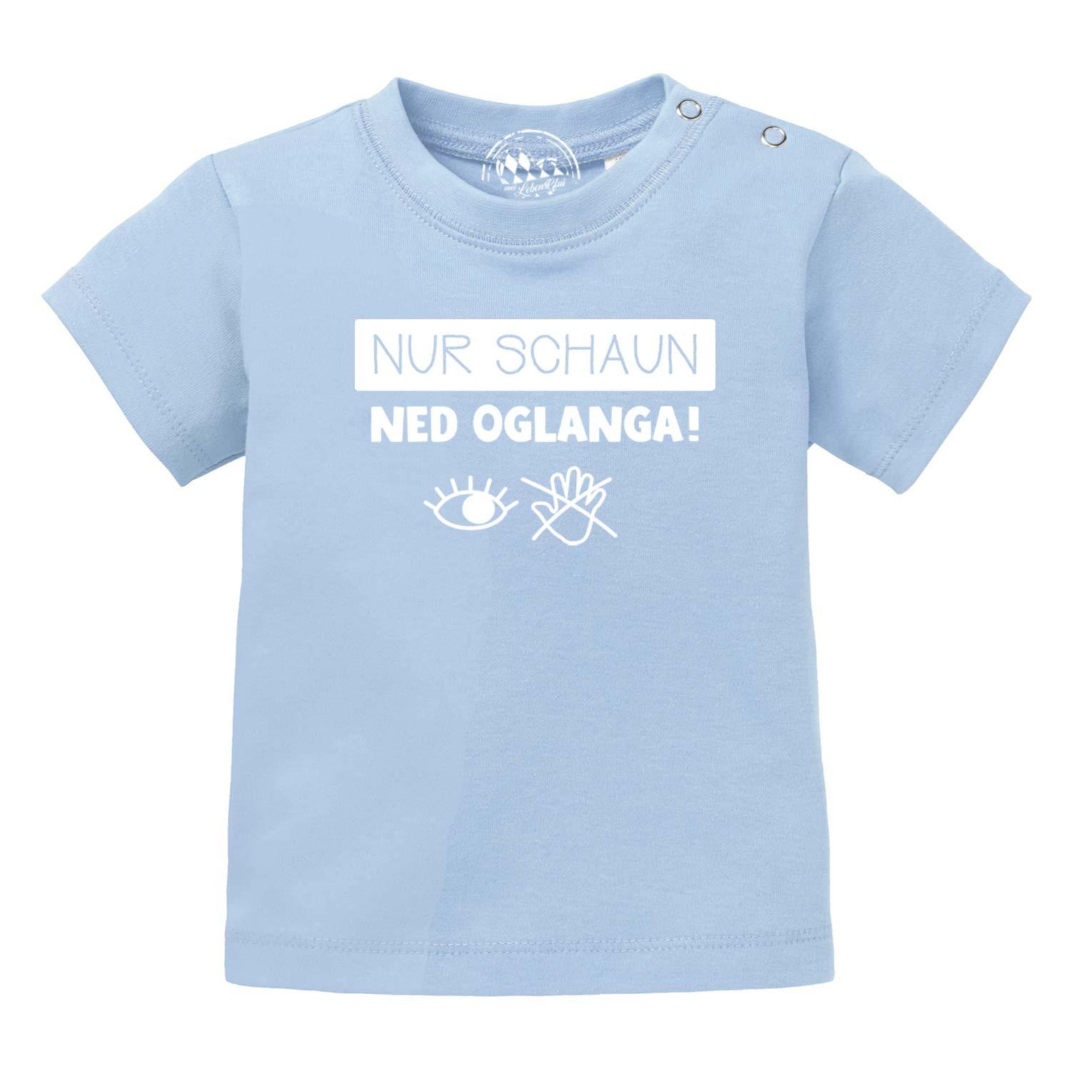 Weißes Baby-T-Shirt mit braunem Frontdruck „Nur schaun…“, Rundhalsausschnitt, aus 100 % Bio-Baumwolle.