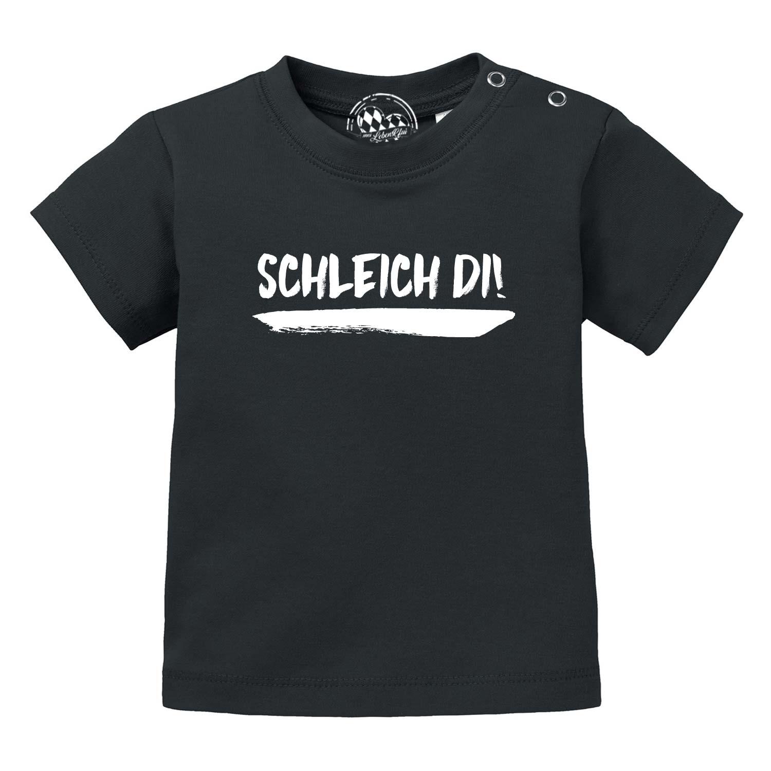 Weißes Baby-T-Shirt mit schwarzem „Schleich di!“ Schriftzug, Rundhalsausschnitt, aus 100 % Bio-Baumwolle.
