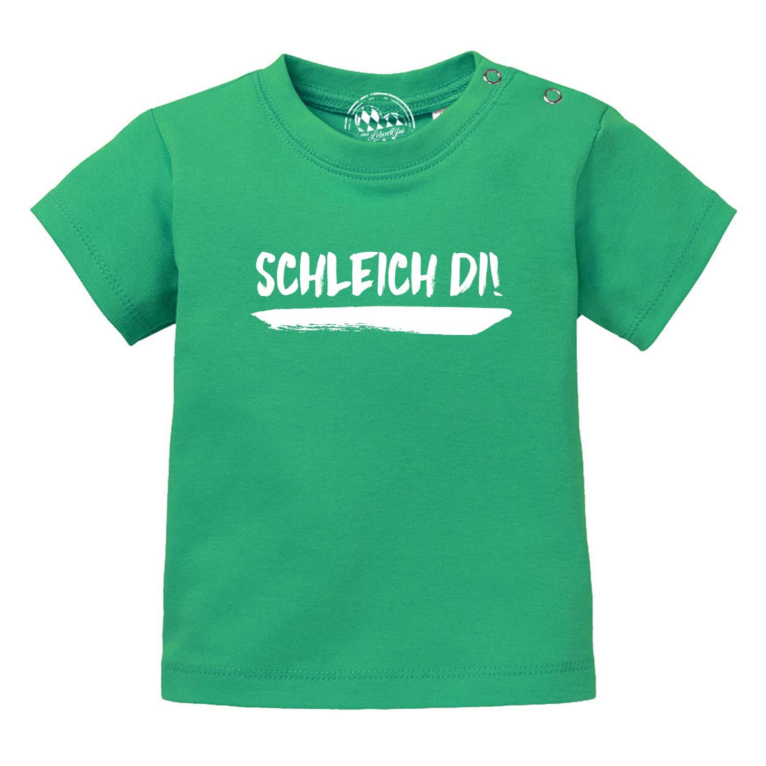 Hellblaues Baby-T-Shirt mit weißem Frontprint „Schleich di!“, kurzärmelig, Rundhalsausschnitt, Bio-Baumwolle.