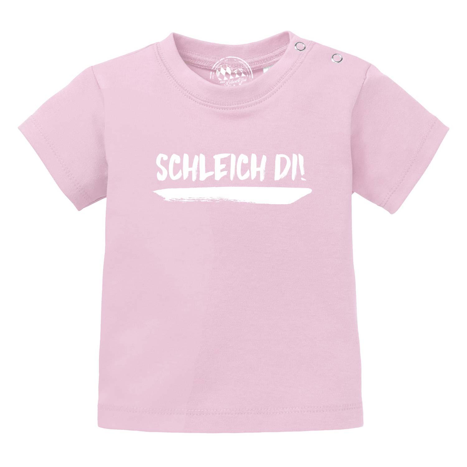 Baby T-Shirt in Rosa mit weißem Aufdruck „Schleich di!“, Rundhalsausschnitt, Bio-Baumwolle, Siebdruck.