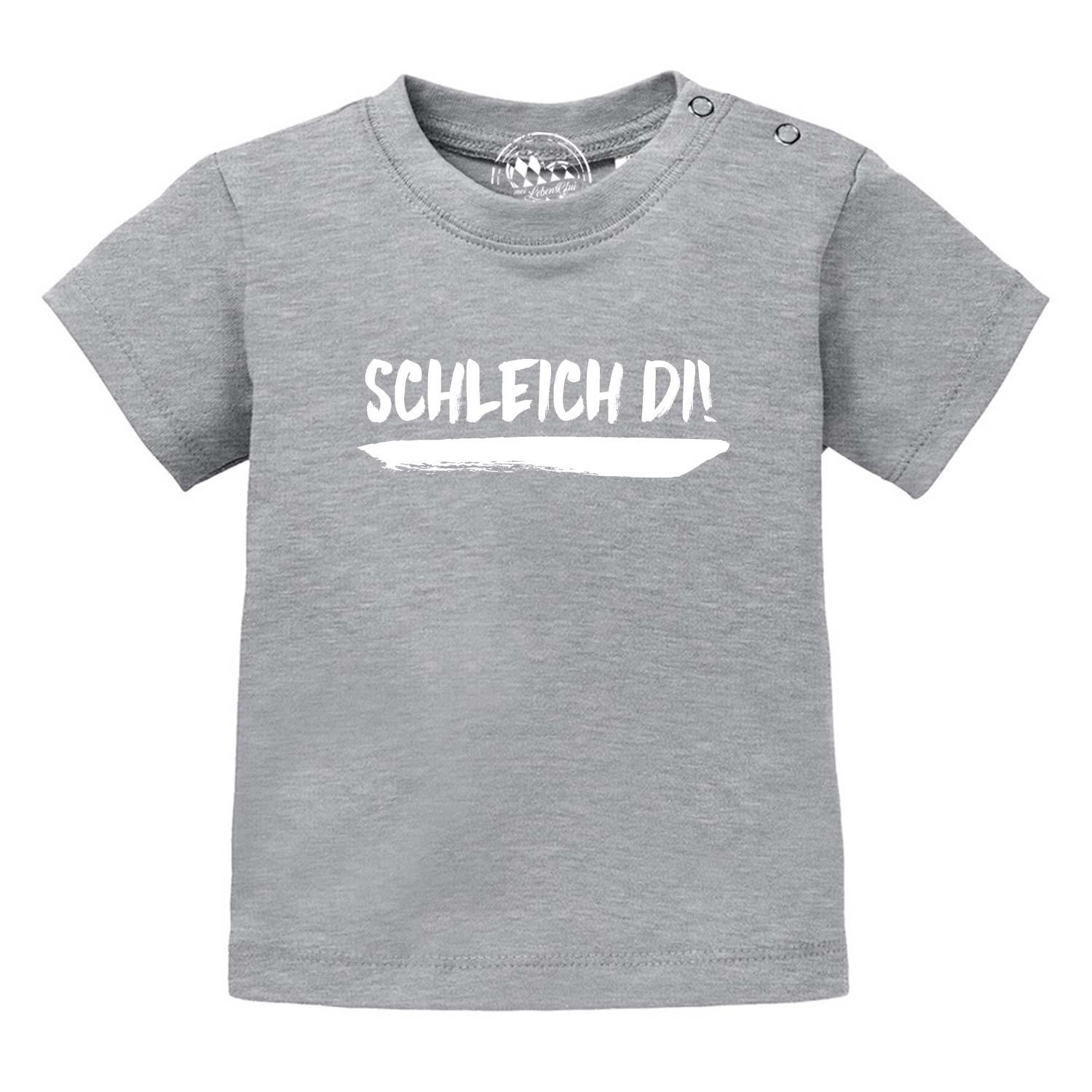 Hellblaues Baby-T-Shirt mit schwarzem Schriftzug „Schleich di!“, Rundhalsausschnitt, aus 100 % Bio-Baumwolle.