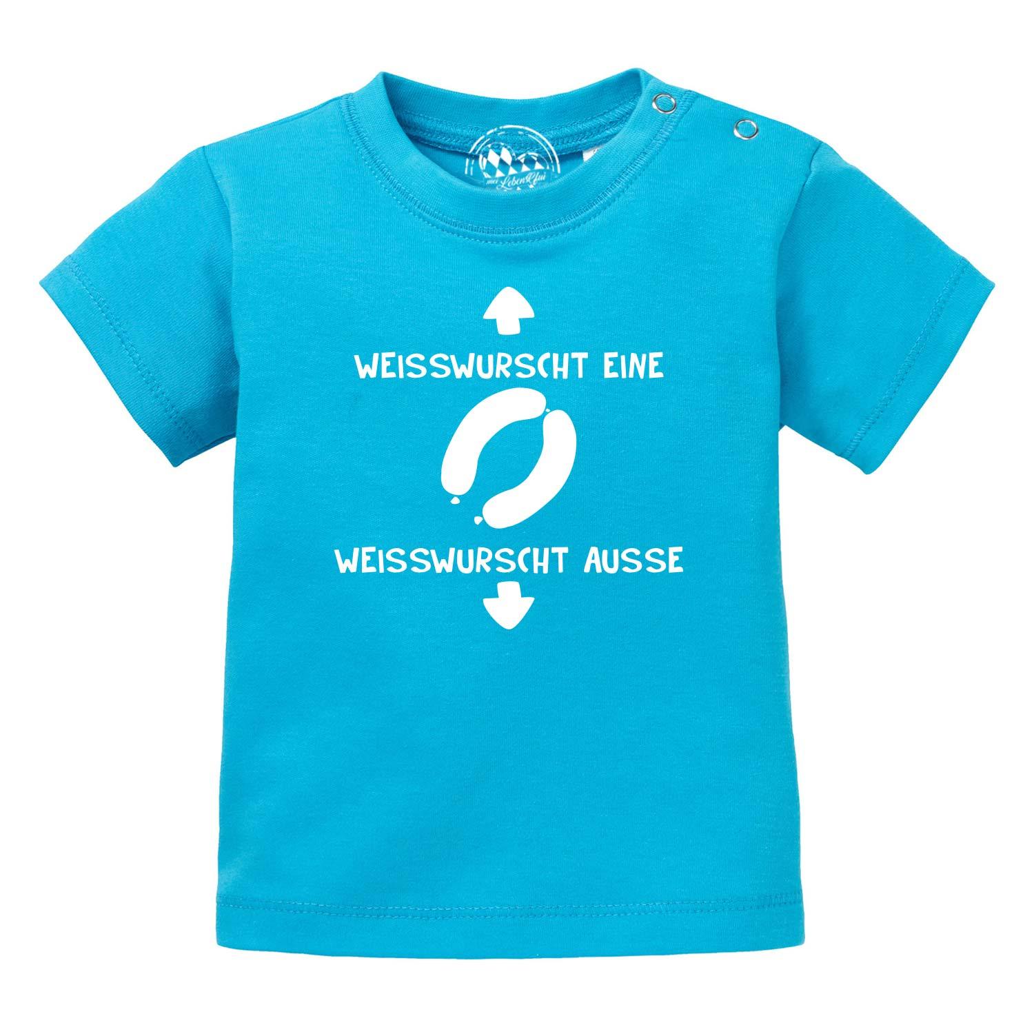 Baby-T-Shirt mit Weißwurst-Motiv und bayerischem Schriftzug, aus Bio-Baumwolle mit hochwertigem Siebdruck.