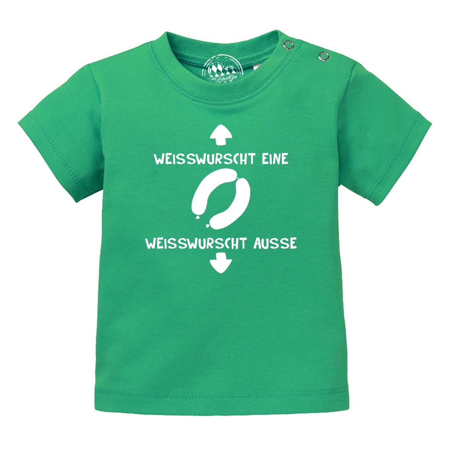Baby-T-Shirt mit „Weißwurscht“-Schriftzug und Brezenmotiv, aus 100 % Bio-Baumwolle, hochwertiger Siebdruck.