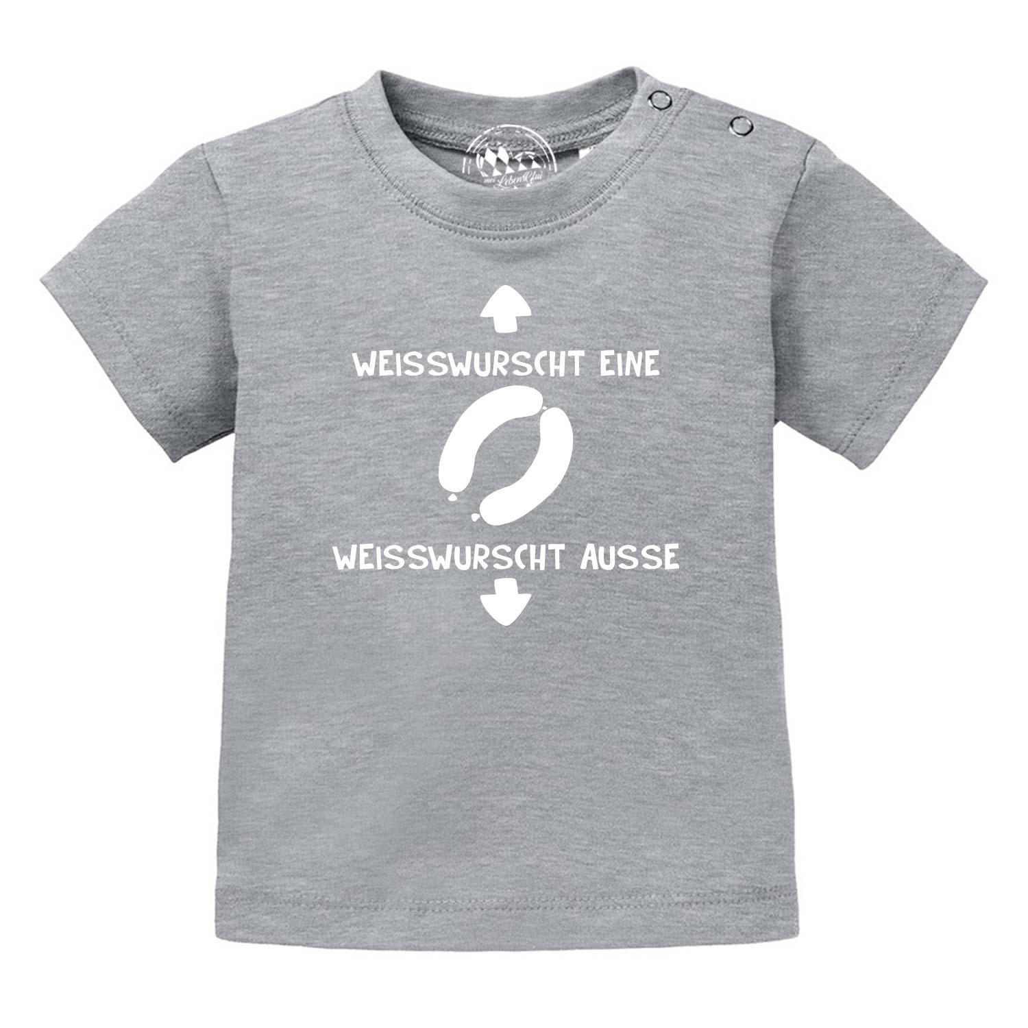 Baby T-Shirt mit Weißwurst-Motiv und bayerischem Schriftzug, Rundhalsausschnitt, 100 % Bio-Baumwolle, Siebdruck.