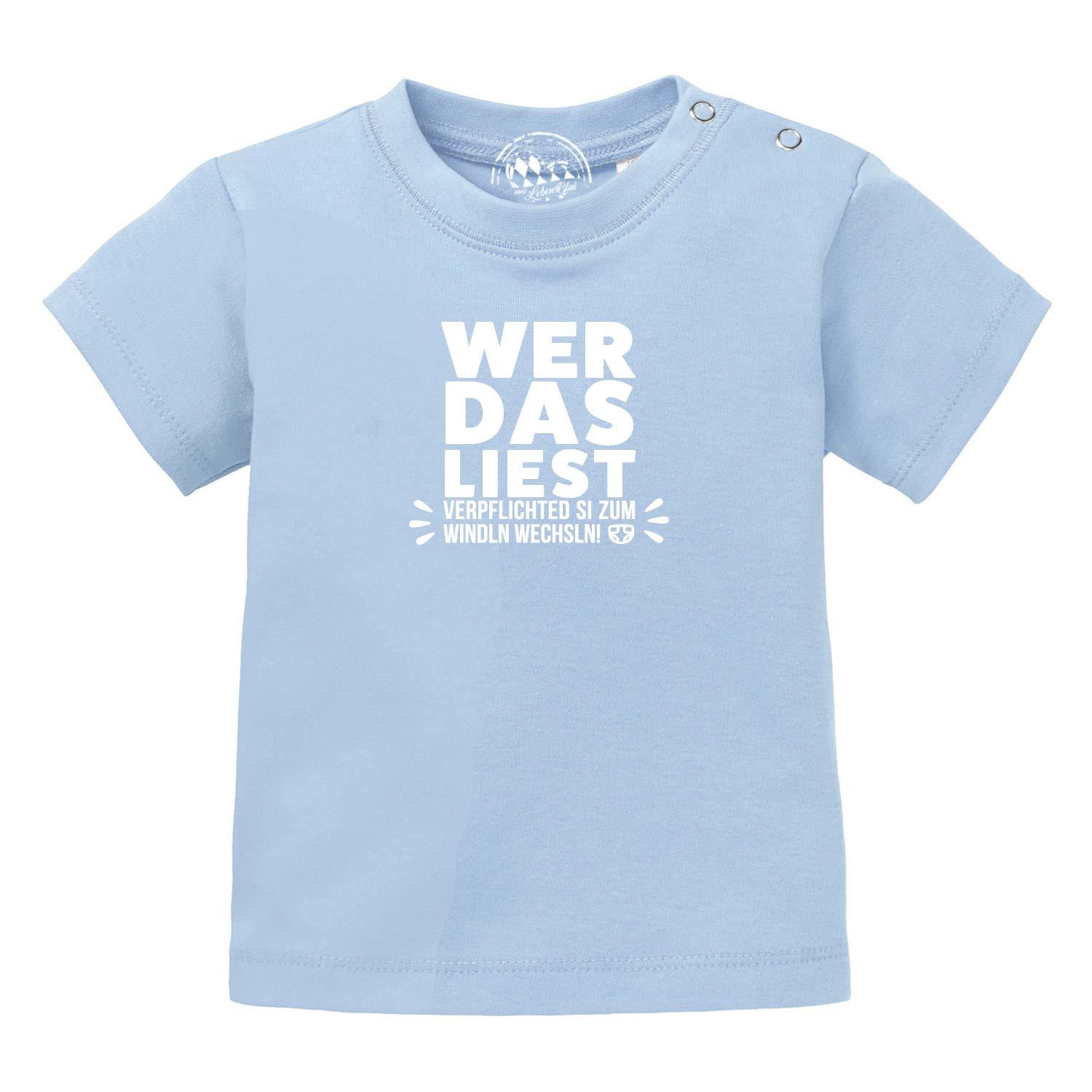 Weißes Baby-T-Shirt mit blauem Aufdruck „Windln wechsln!“, Rundhalsausschnitt, 100 % Bio-Baumwolle, Siebdruck.