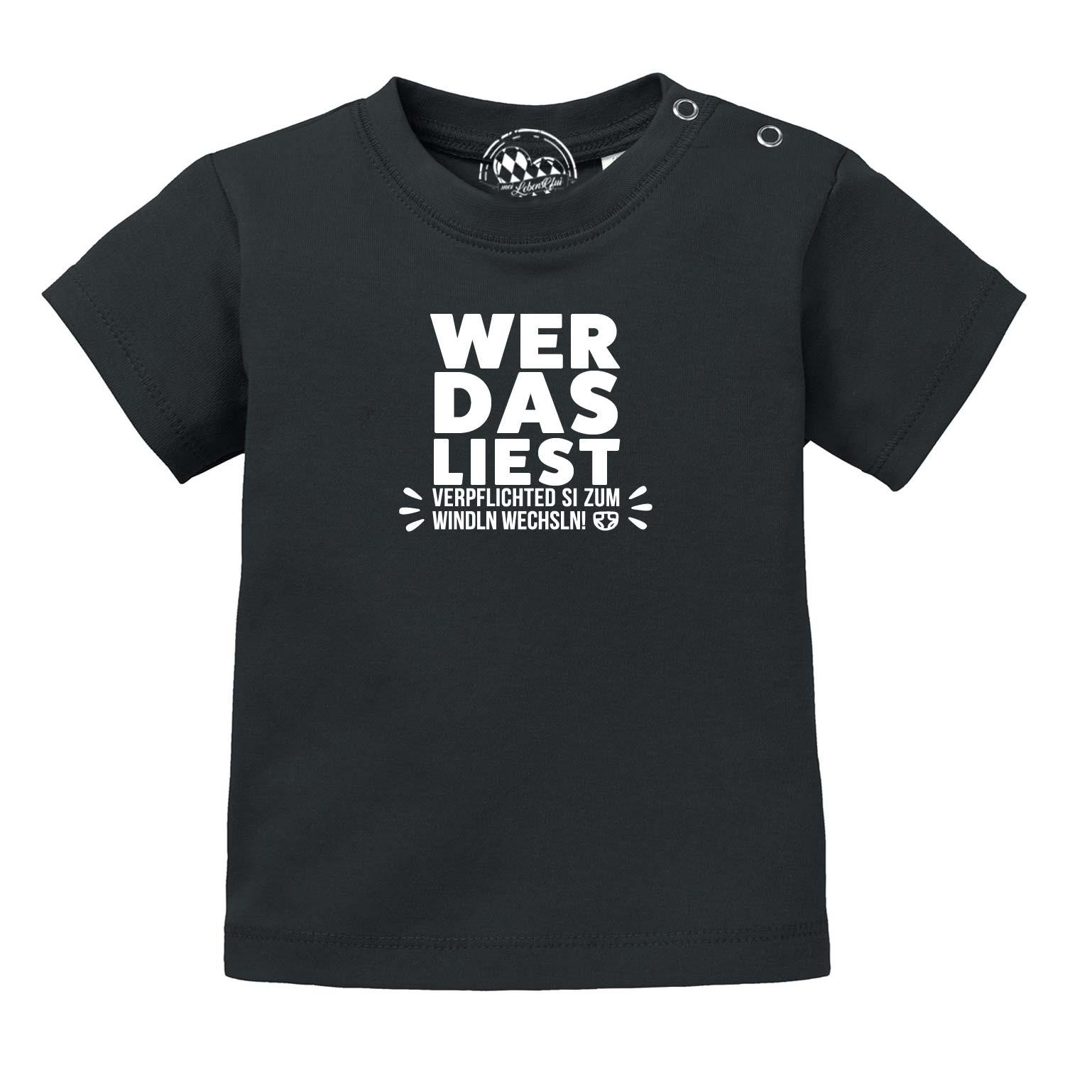 Weißes Baby-T-Shirt mit blauem Schriftzug „Windln wechsln!“, Rundhalsausschnitt, aus 100 % Bio-Baumwolle.