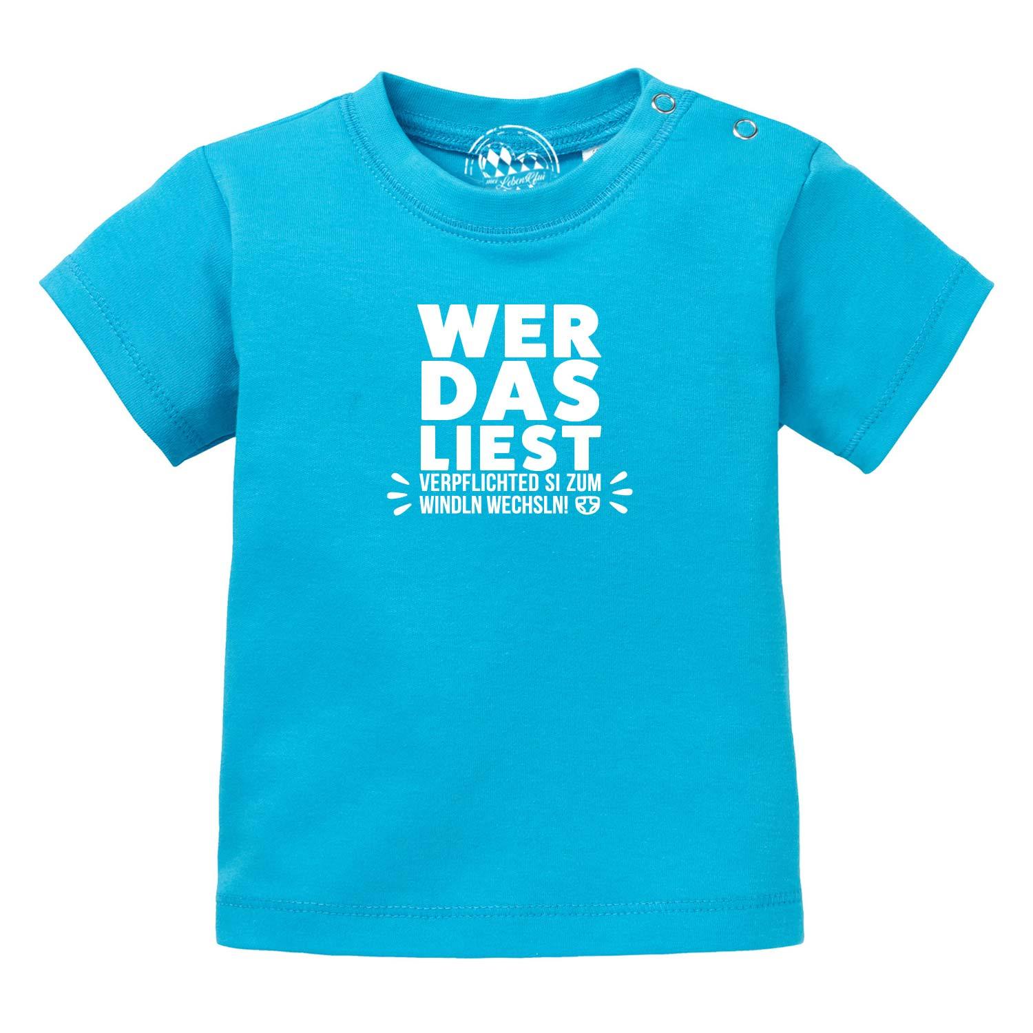 Weißes Baby-T-Shirt aus Bio-Baumwolle mit blauem Aufdruck „Windln wechsln!“ im hochwertigen Siebdruck.