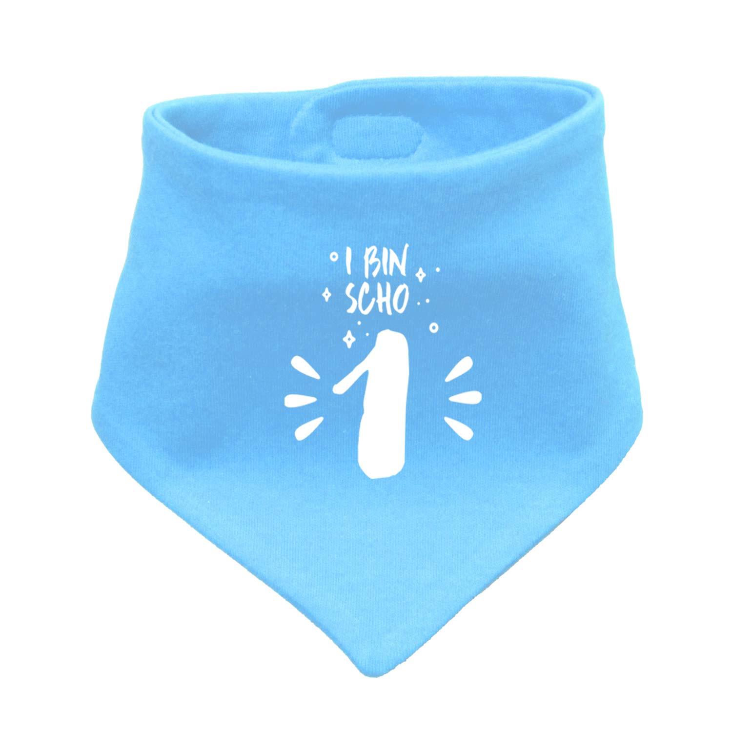 Blaues Babyhalstuch I bin scho 1! mit weißer Schrift und stilisierten Strahlen als fröhliches Detail für Babys.