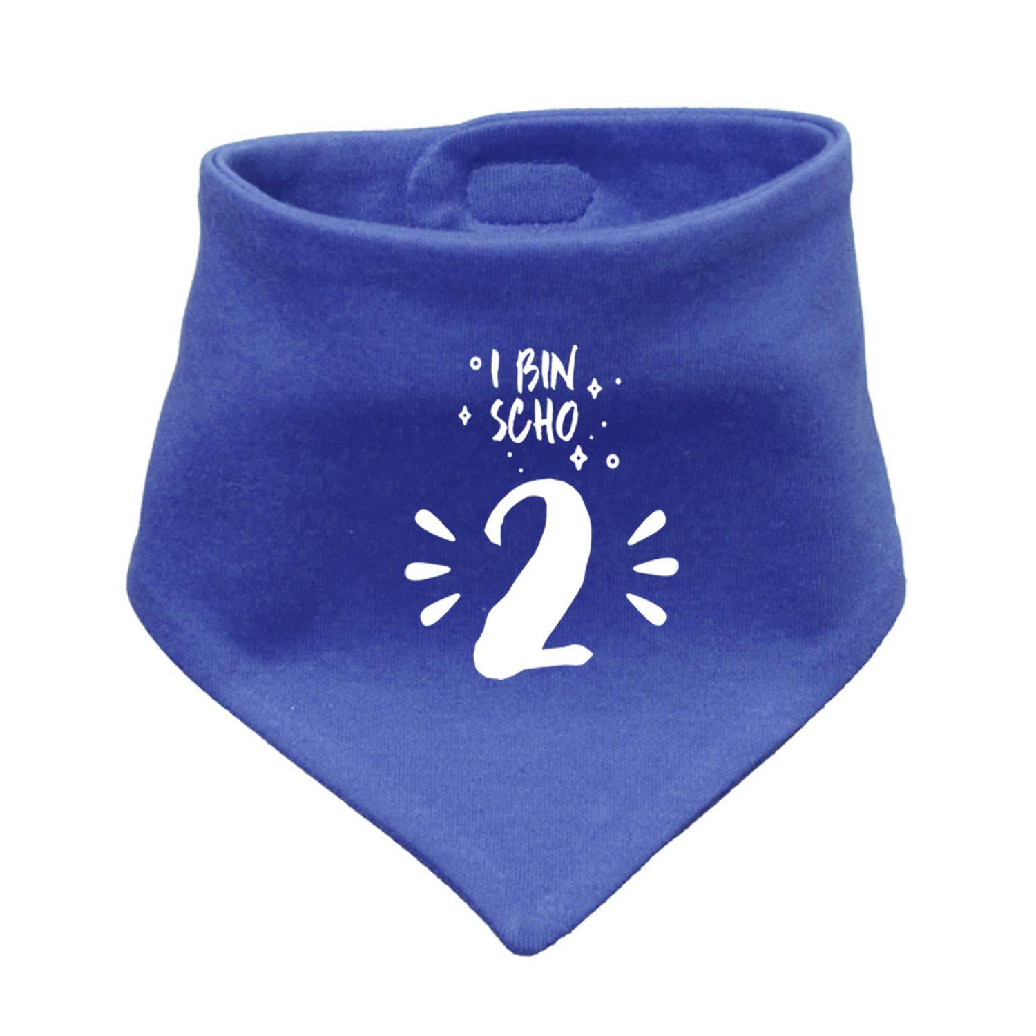 Blaues Babyhalstuch I bin scho 2 mit weißem Aufdruck und Klettverschluss. Perfekt für den 2. Geburtstag.
