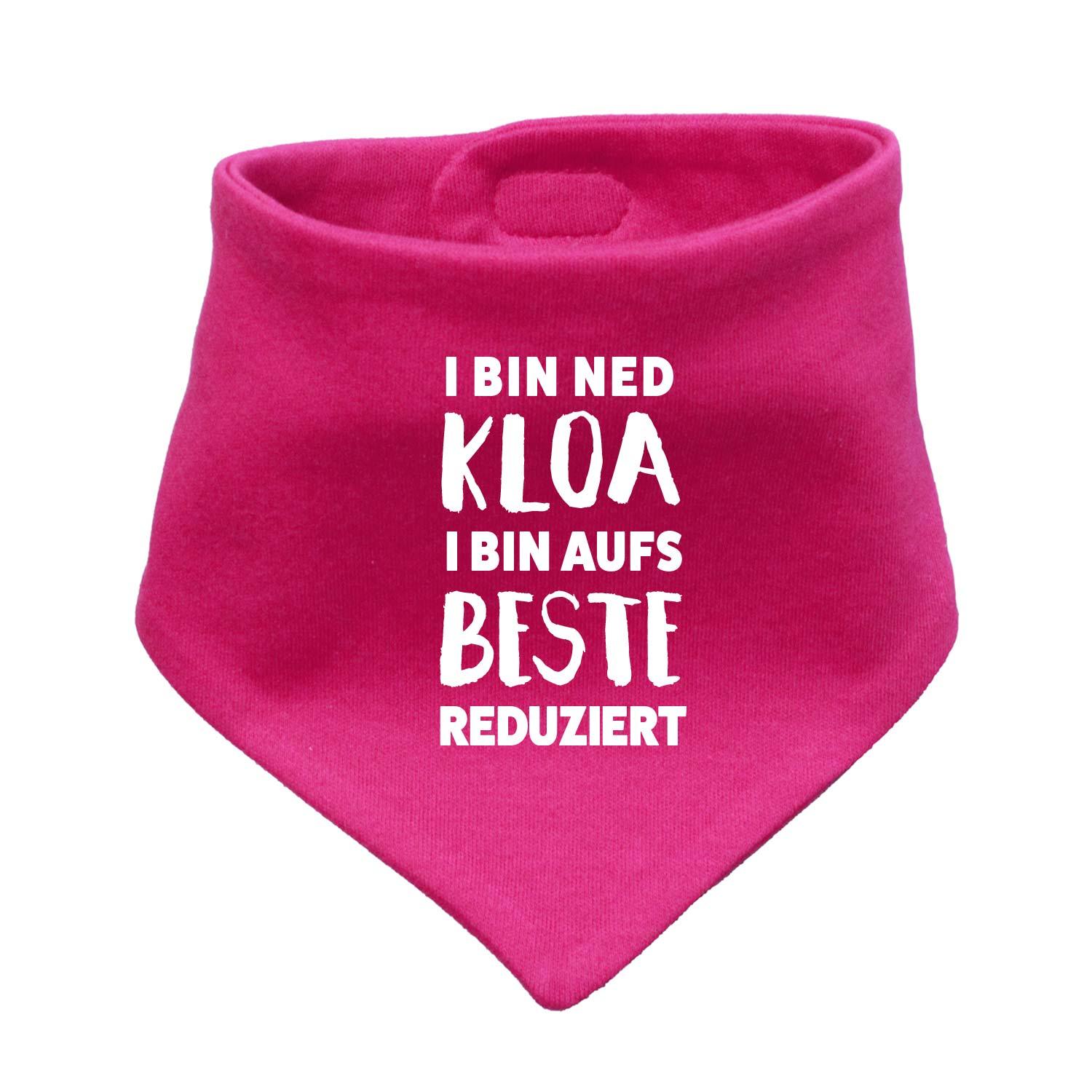 Weiches Babyhalstuch in Dreiecksform mit weißem Schriftzug „aufs Beste reduziert“ auf rotem Stoff aus Baumwolle.