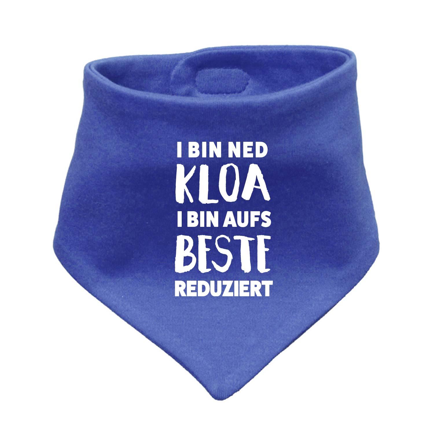 Blaues Babyhalstuch "aufs Beste reduziert" mit weißem Spruch für Jungen und Mädchen.