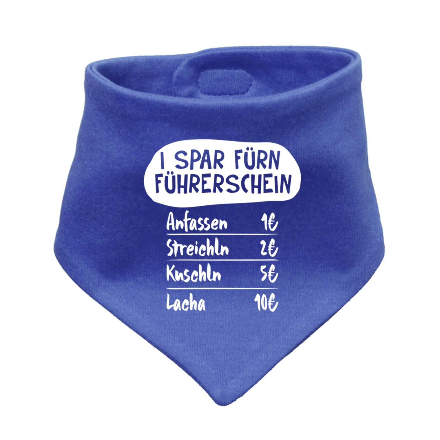 Blaues Babyhalstuch "I spar fürn Führerschein..." mit weißem Aufdruck und Preisliste für Baby-Interaktionen.