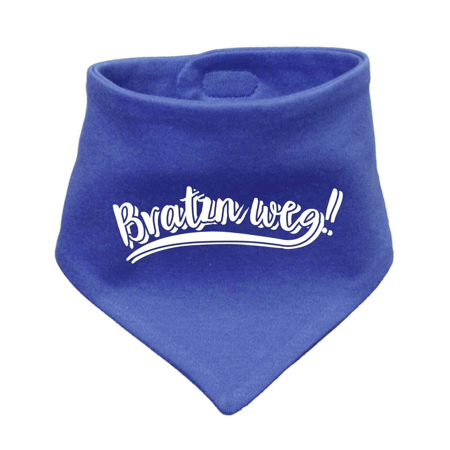 Blaues Babyhalstuch "Bratzn weg!" mit weißem Schriftzug, Dreiecksform und Druckknopfverschluss.