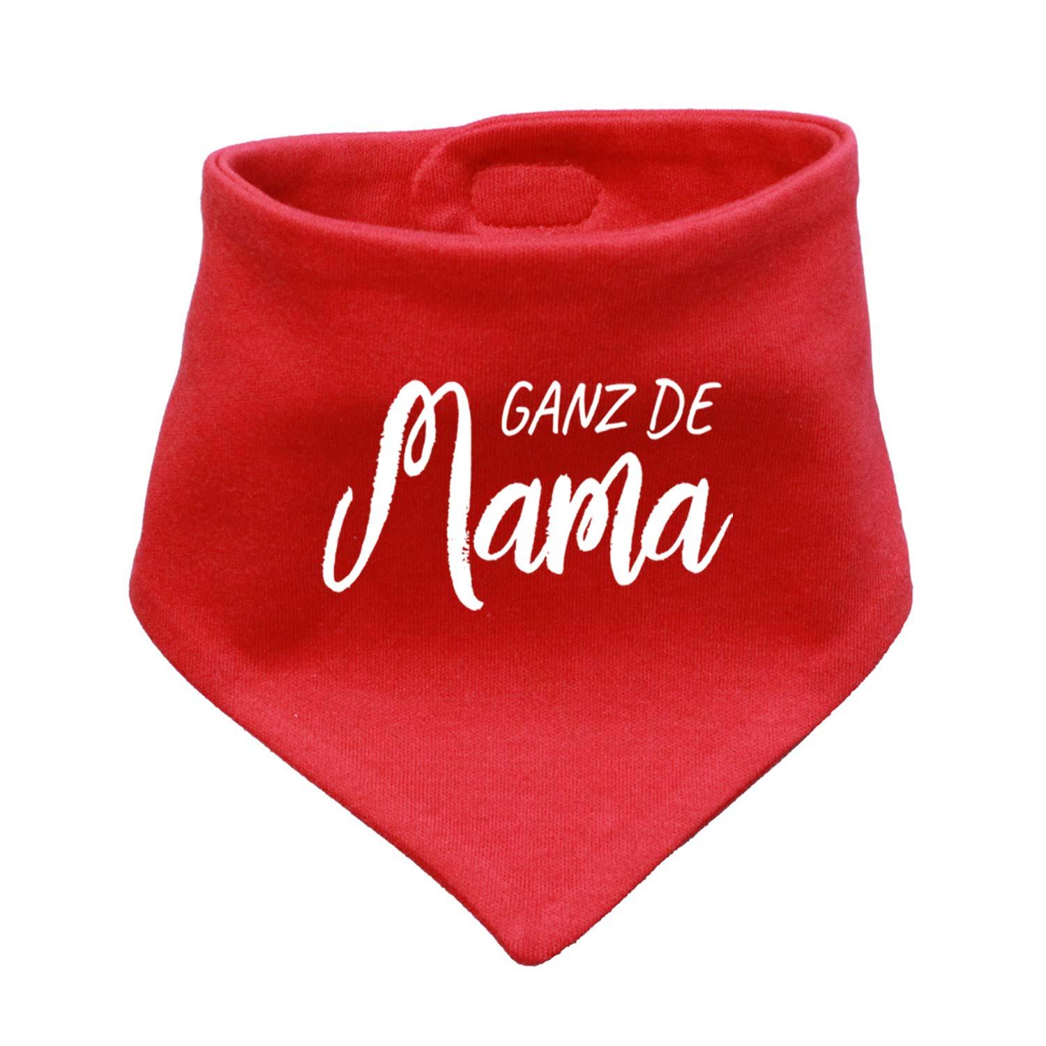 Rotes Babyhalstuch "Ganz de Mama…" mit weißem Schriftzug, weichem Baumwollstoff und praktischem Druckknopfverschluss für Babys