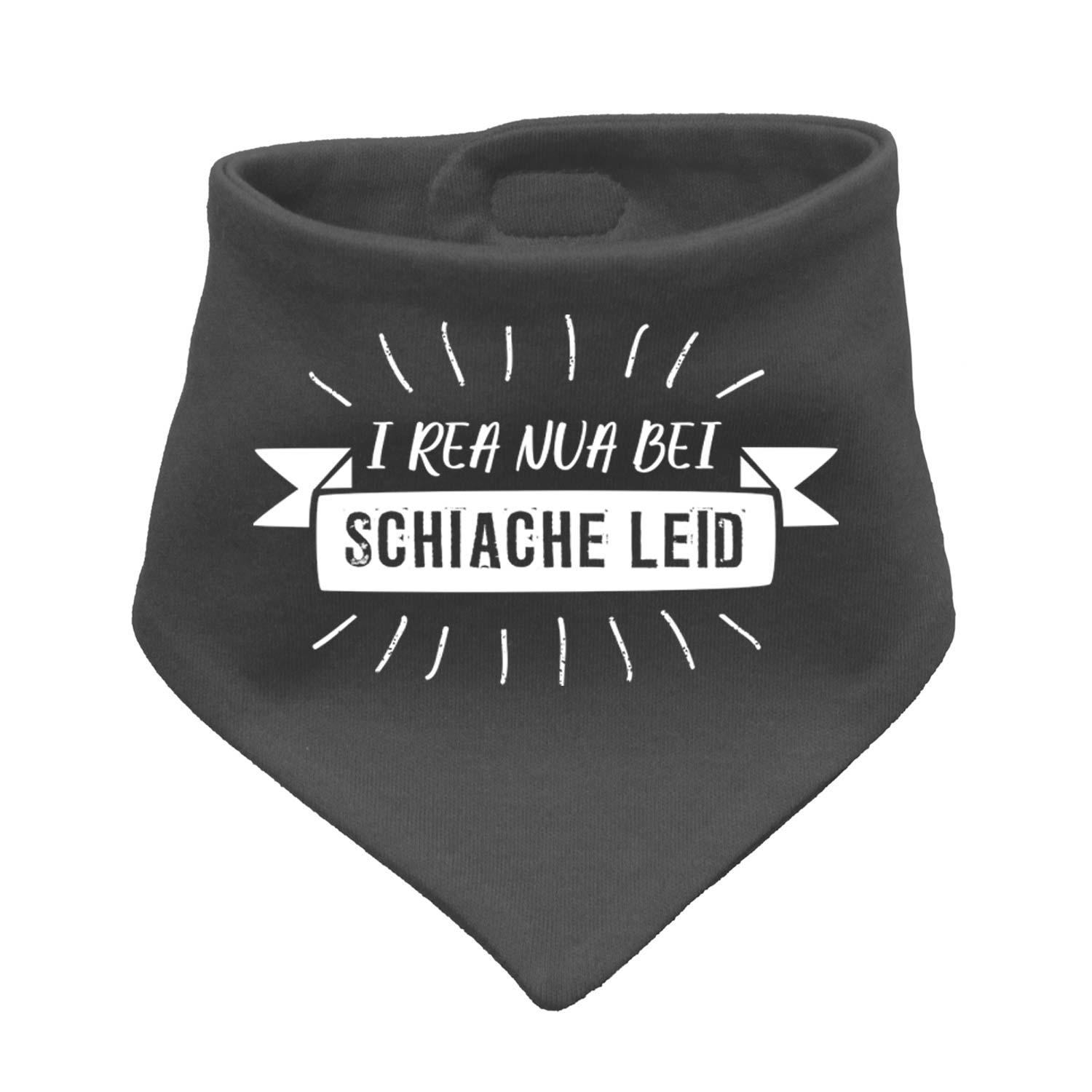Dunkelgraues Babyhalstuch "I rea nua..." mit weißem Spruch und Linien-Design auf saugfähiger Baumwolle.