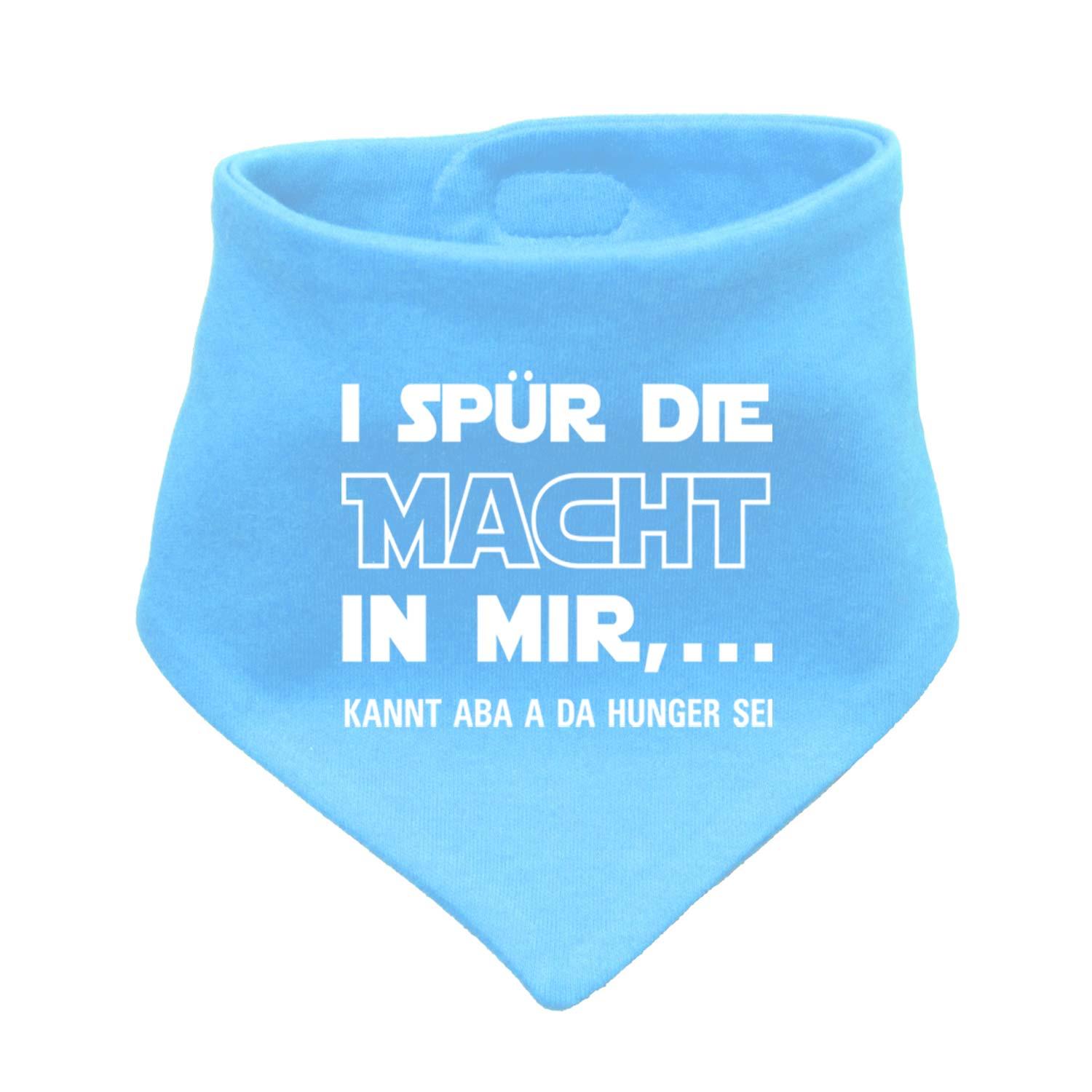 Helles blaues Babyhalstuch "I spür die Macht..." mit weißem Text und lustigem Spruch in Dialekt.