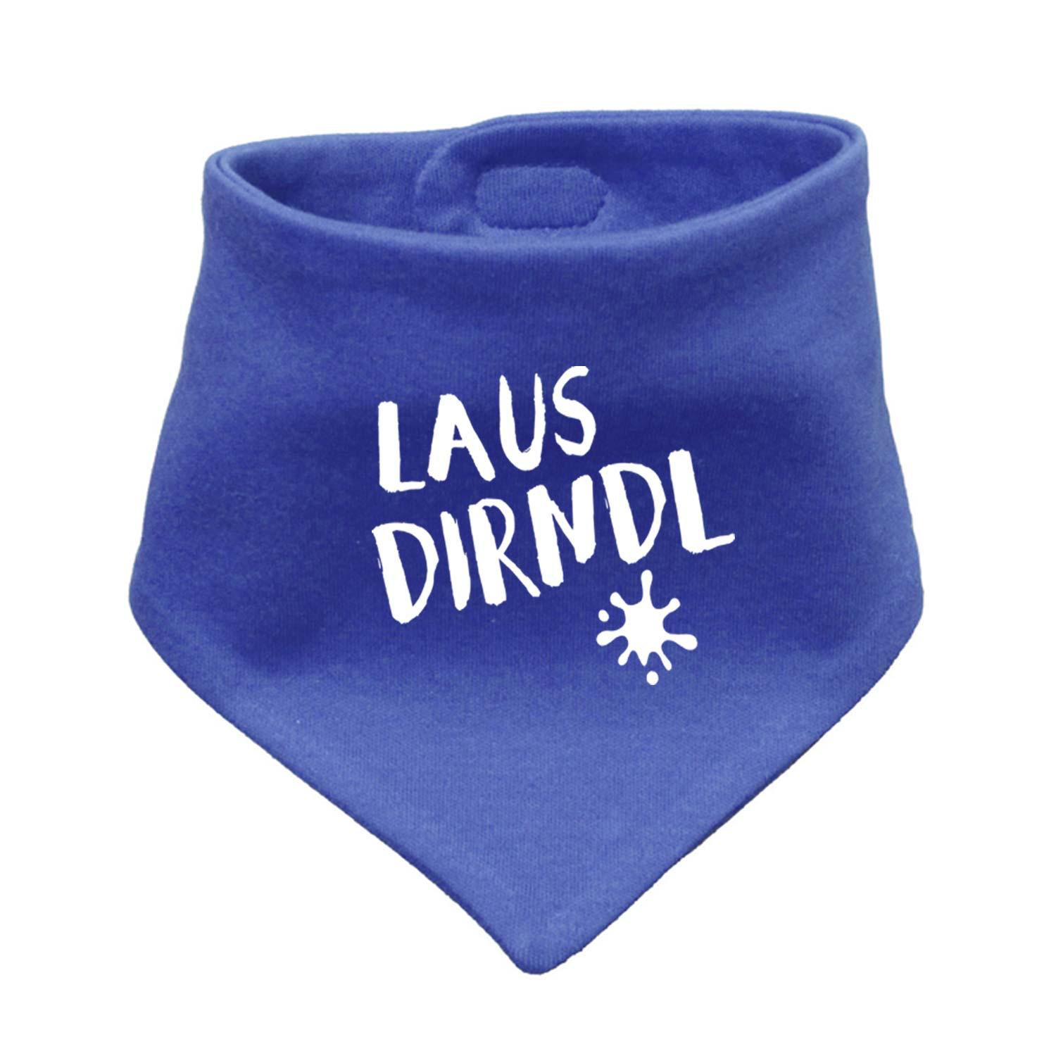 Blaues Babyhalstuch Lausdirndl mit weißem Schriftzug und Sternchen auf der Vorderseite