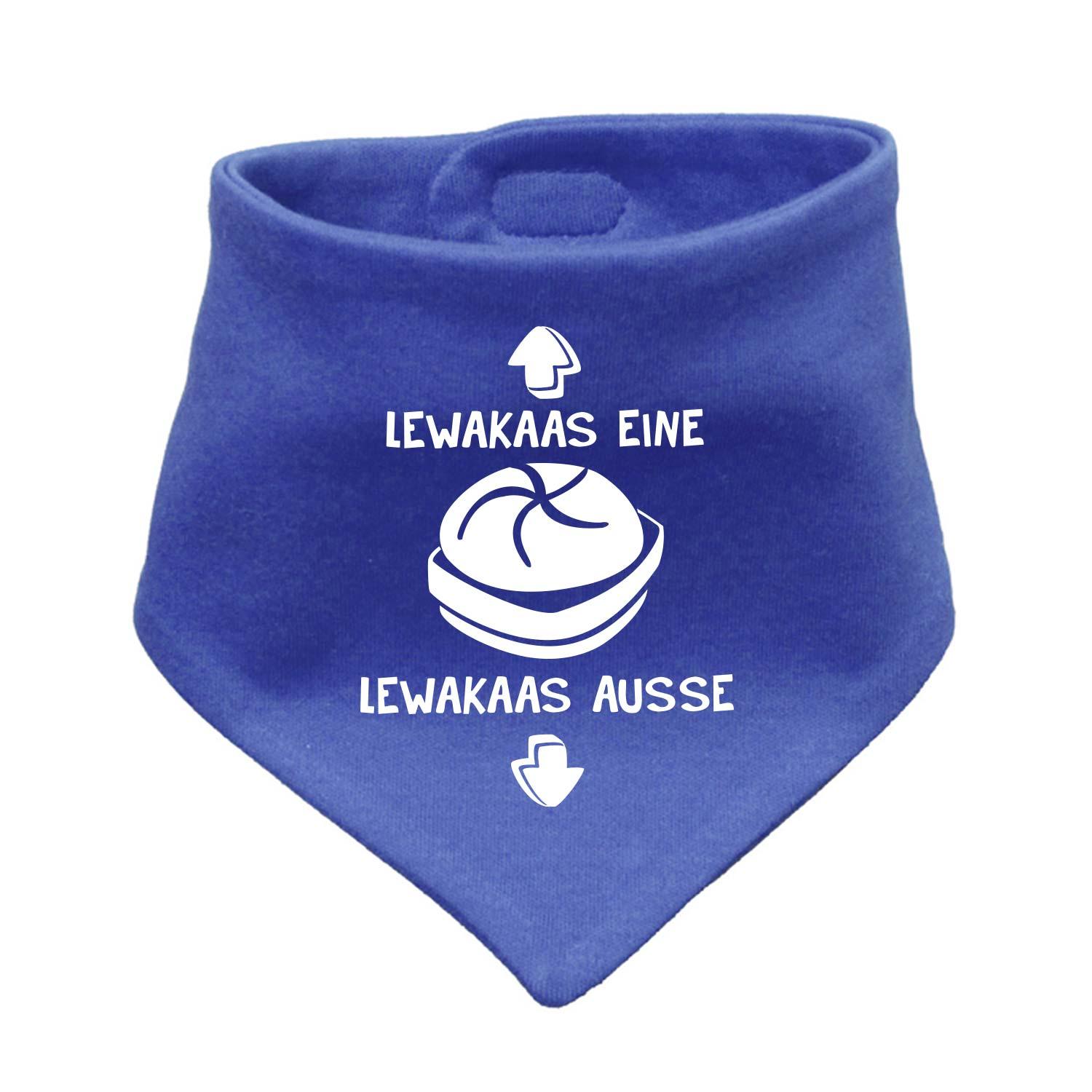 Blaues Babyhalstuch Lewakaas mit weißem Leberkässemmel-Druck und Pfeilen, süßes Dreieckstuch für Babys.