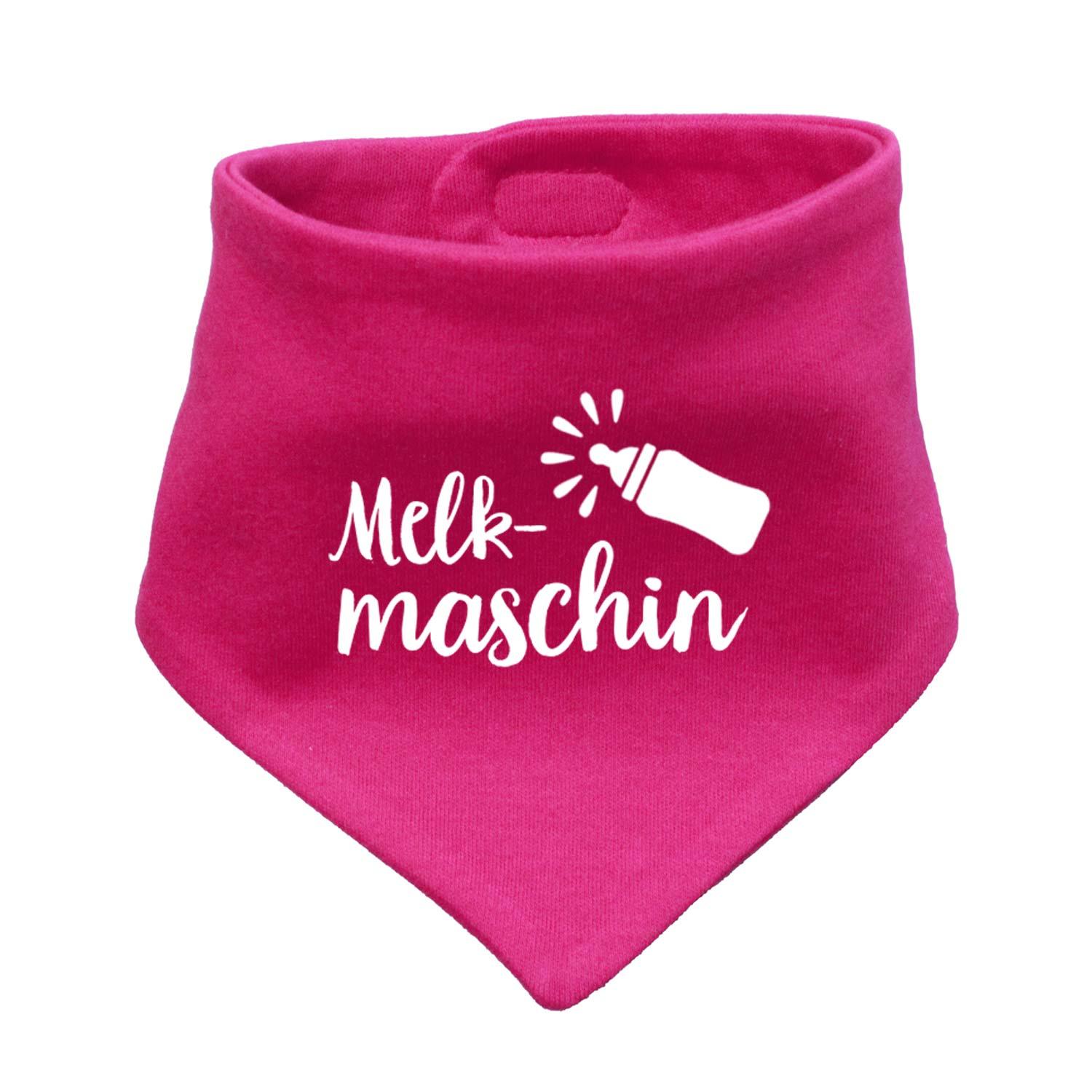 Babyhalstuch "Melkmaschin" in Fuchsia mit weißem Schriftzug und Babyflaschen-Motiv für Kleinkinder
