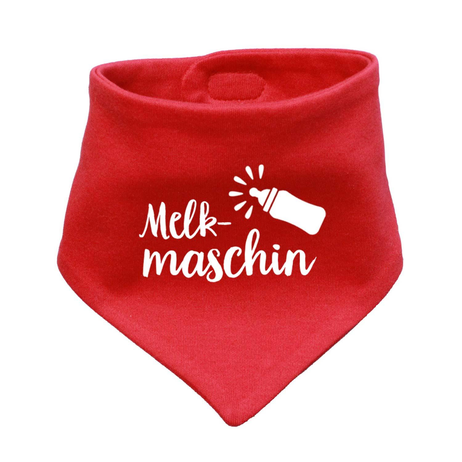 Rotes Babyhalstuch Melkmaschin mit weißem Aufdruck und Babyflaschen-Symbol, weicher Stoff für Babys