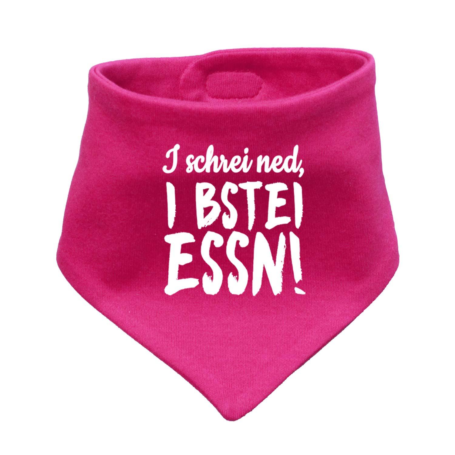 Pinkes Babyhalstuch I bstei Essn mit weißem Aufdruck und praktischem Druckknopfverschluss, weicher Stoff für Babys.