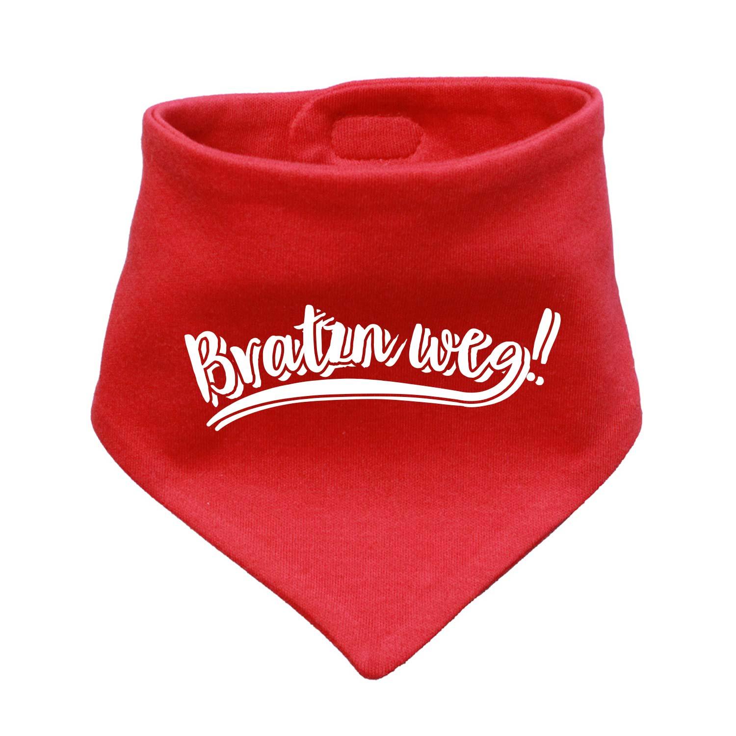 Dreieckiges Babyhalstuch mit Schriftzug „Bratzn weg!“ und Herzmotiv auf unifarbenem Grund, aus Baumwolle.