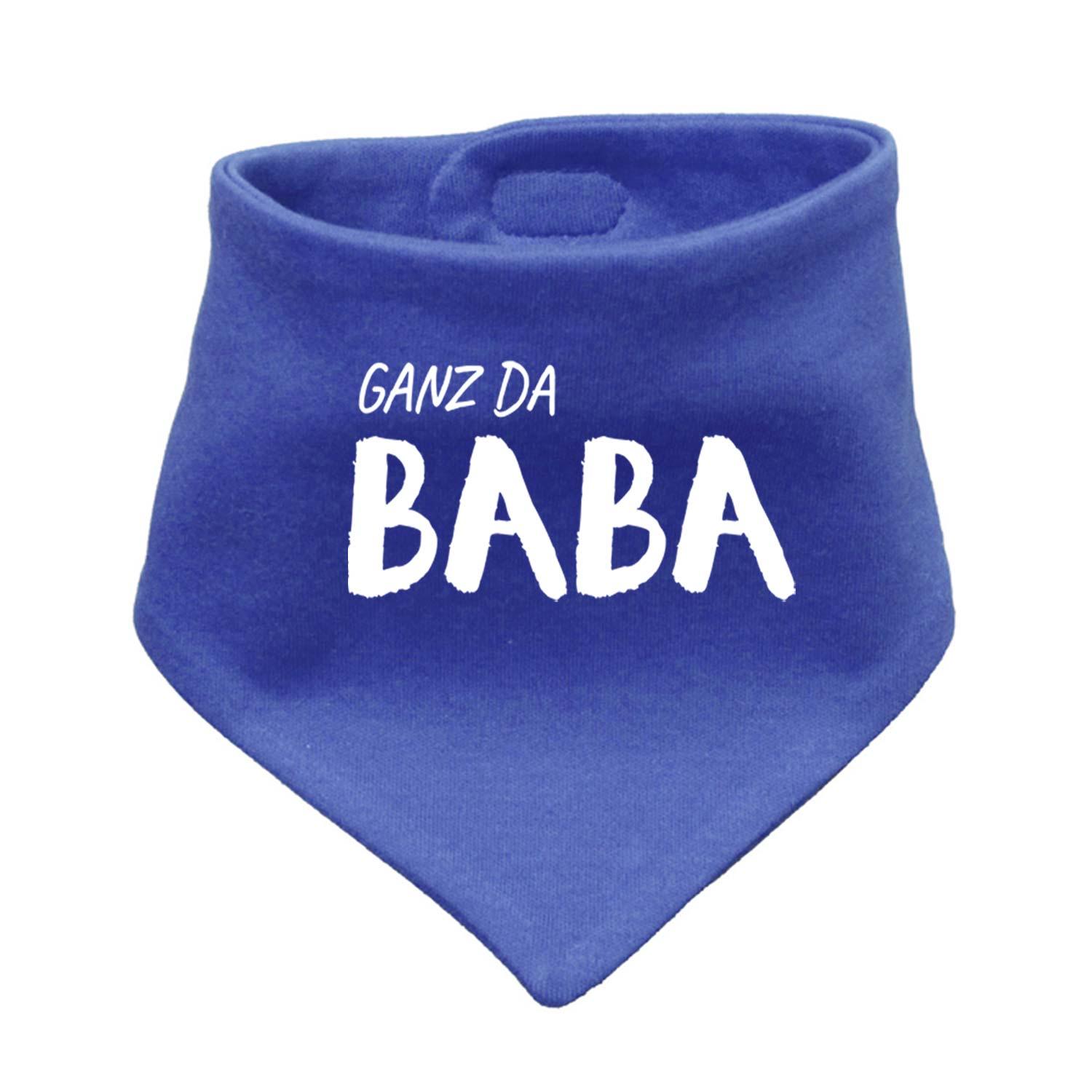 Dreieckiges Babyhalstuch in Dunkelblau mit weißem Schriftzug „Ganz da Baba!“, glatte Stoffstruktur, 38 x 15 cm.
