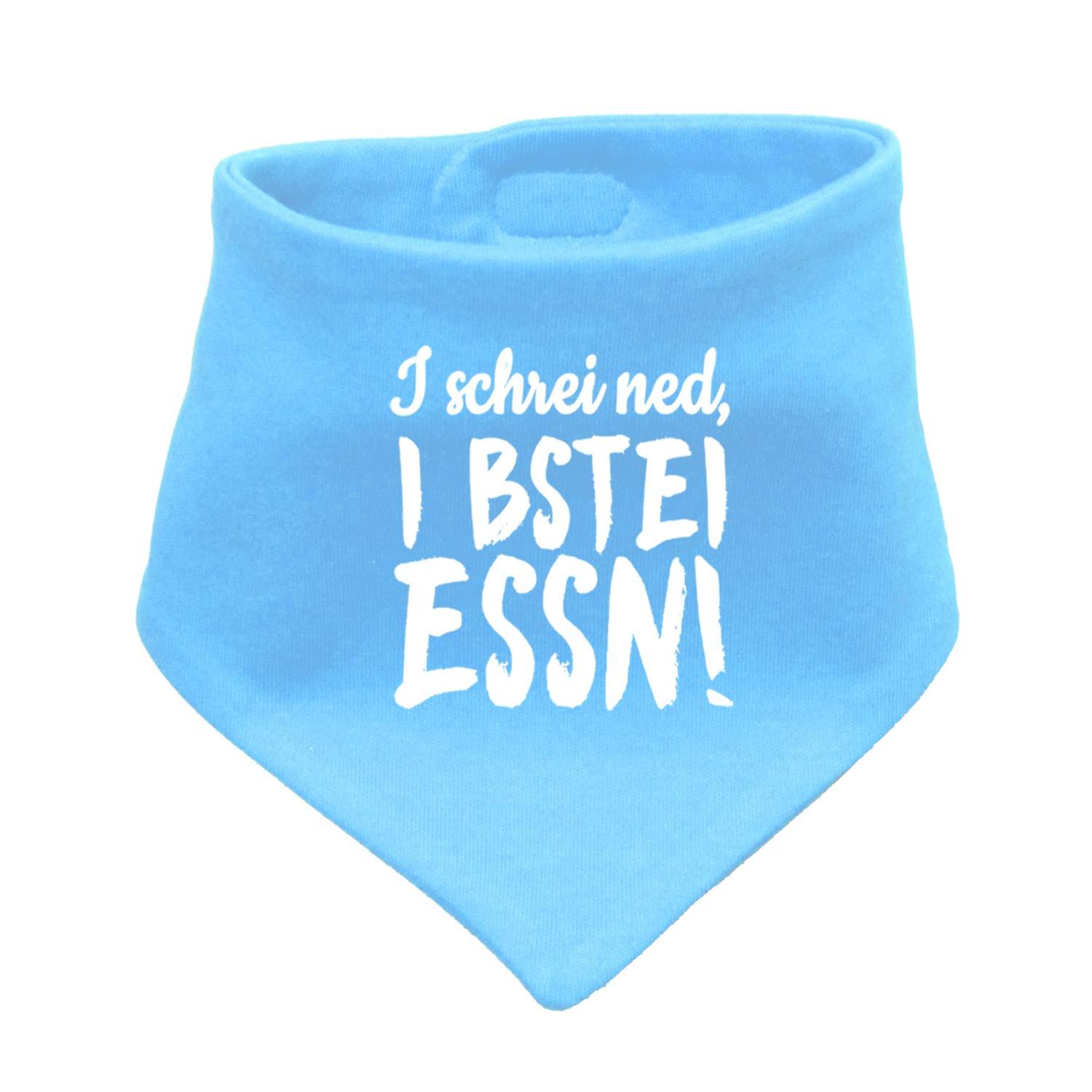 Graues Baby-Dreieckstuch mit weißem Herzmuster, Schriftzug „I bstei Essn…“ in Weiß, aus weicher Baumwolle.