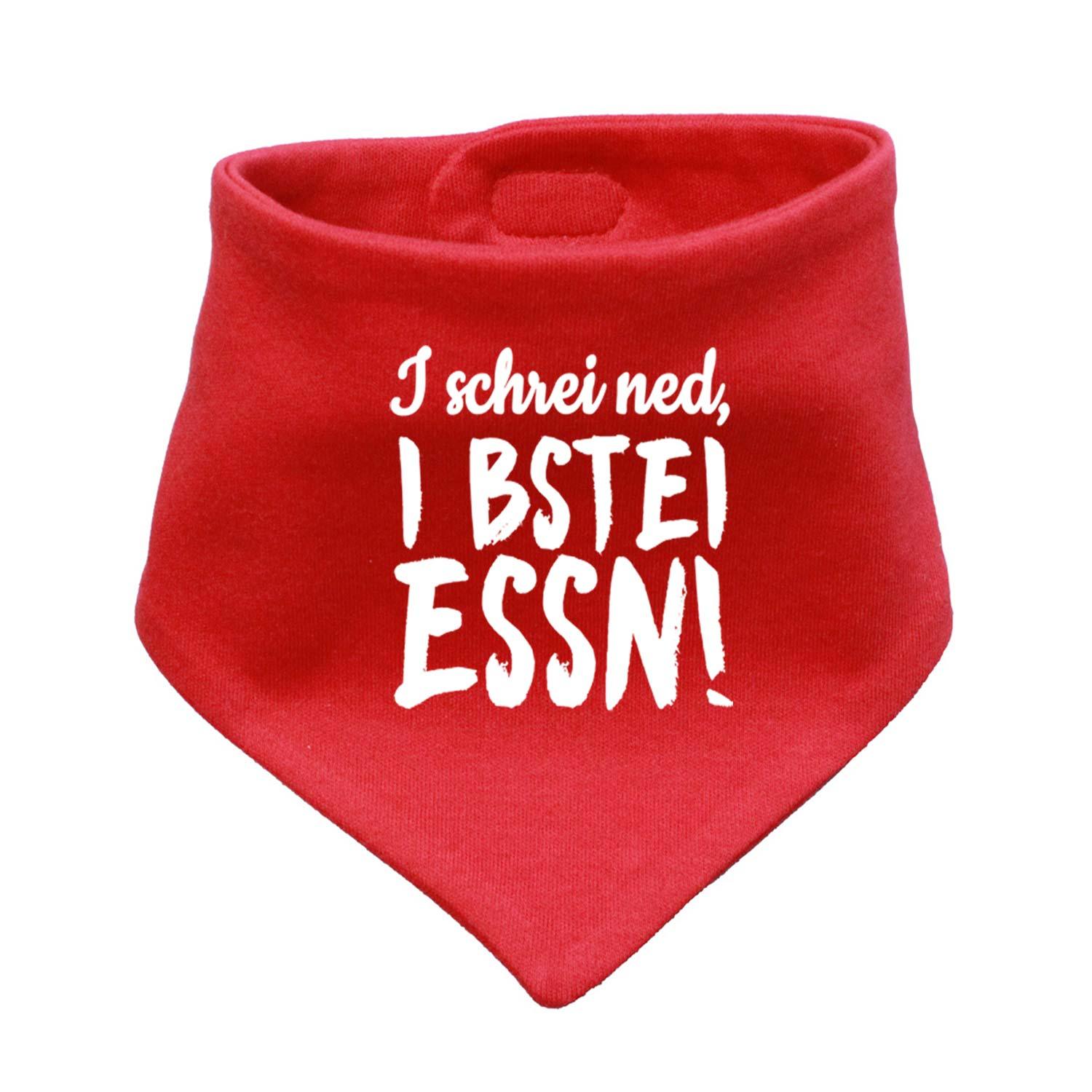 Babyhalstuch in Dreiecksform aus weißem Stoff mit bayrischem Schriftzug „I bstei Essn…“ in Blau, 38 x 15 cm.